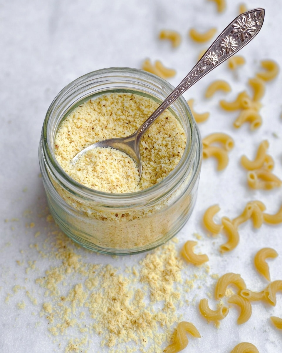 A clear glass jar filled with a crumbly, pale yellow powder, with a silver spoon decorated with floral patterns placed inside it. Around the jar, small dry elbow macaroni pieces are scattered on a white marbled textured surface. The colors are soft yellows and light grays, and the scene is well lit, showing detailed texture of the powder and macaroni. photo taken with an iphone --ar 4:5 --v 7