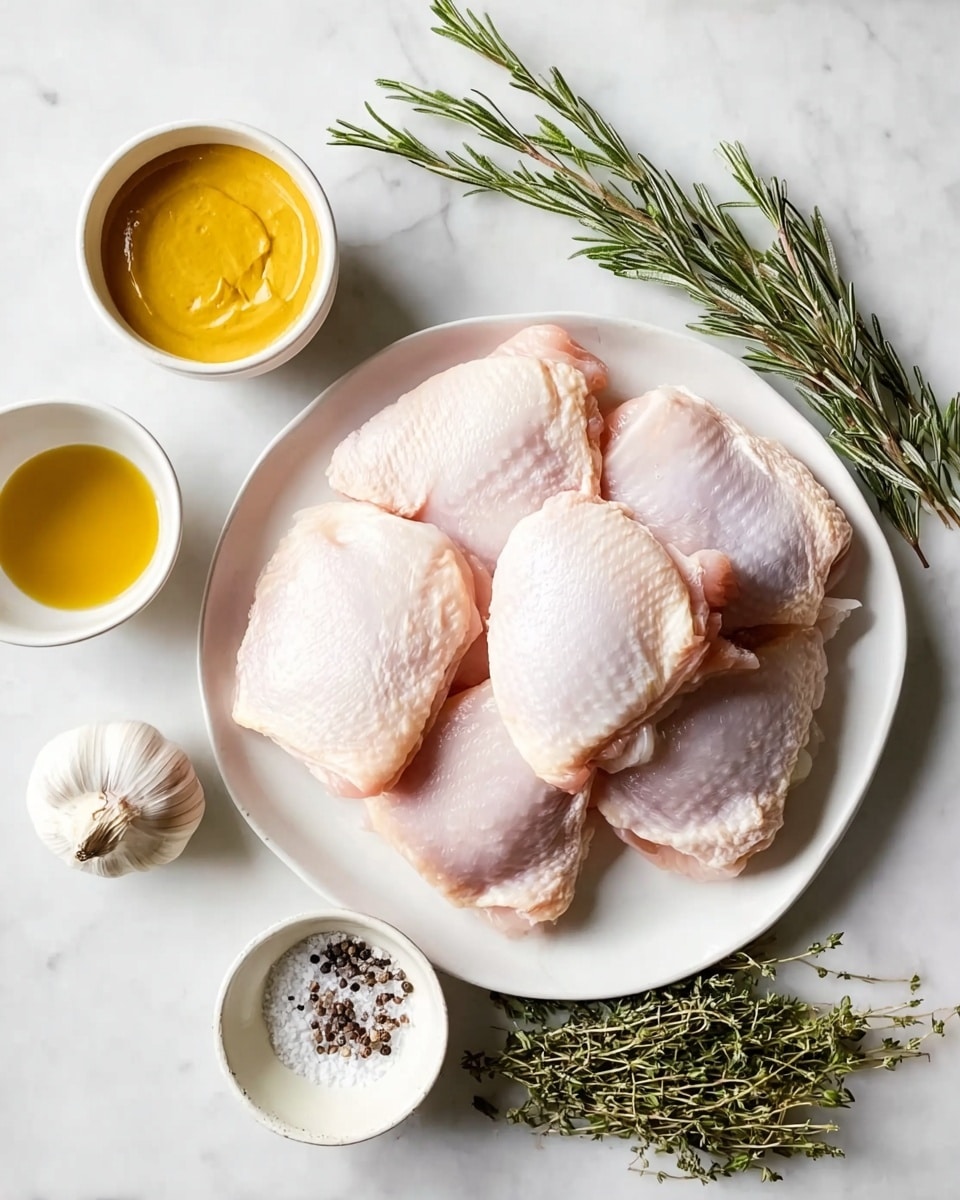 A white plate is filled with several pieces of raw chicken thighs, showing pale pink skin with a bit of shine, arranged in a slightly overlapping pile. The plate rests on a white marbled surface. Below the plate, there is a small white bowl filled with smooth yellow mustard, a small white bowl with light golden oil, and a small white bowl with translucent honey. Fresh green sprigs of rosemary and thyme lie next to the bowls, along with a whole garlic bulb and a small bowl holding coarse salt and black pepper. The scene is bright and clean. Photo taken with an iphone --ar 4:5 --v 7