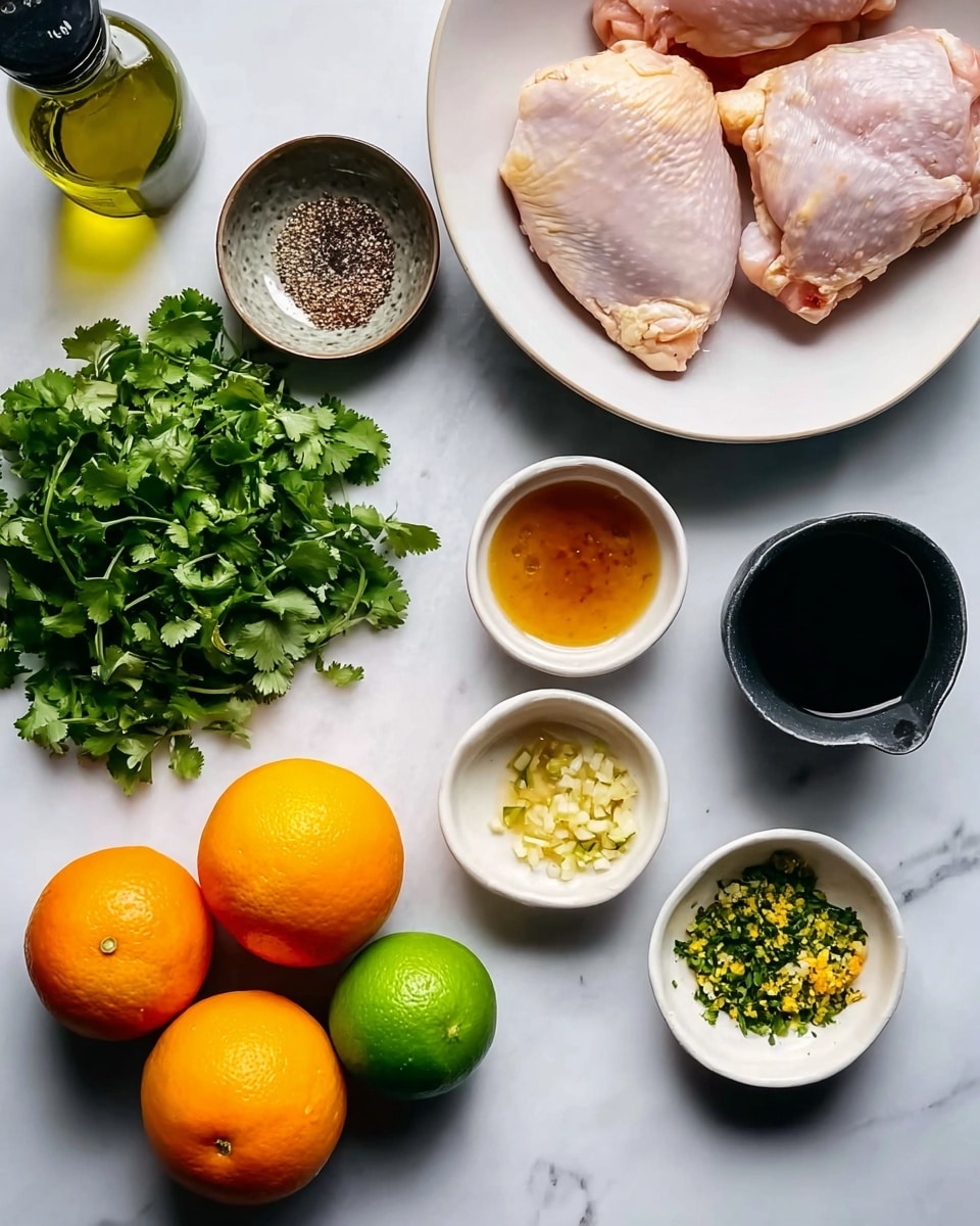 The image shows ingredients neatly placed on a white marbled surface. At the top right, two raw chicken pieces rest on a white bowl. Beside them are two bright orange oranges. Below, a bunch of fresh green cilantro lies on the surface. To the left, three green limes are clustered together near a small metallic bowl filled with ground black pepper. Nearby, a small white bowl holds a brownish-orange liquid, next to another white bowl containing a small amount of minced garlic. A small black jug filled with a dark sauce is placed close to the cilantro. A bottle of olive oil with a green-yellow tint is positioned at the top left corner. There is no woman's hand in the scene. Photo taken with an iphone --ar 4:5 --v 7