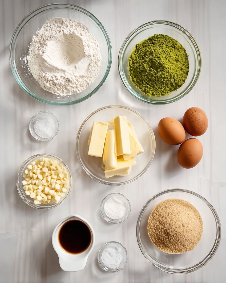 The image shows nine clear glass bowls and dishes arranged on a white marbled surface. The largest bowl at the top left holds white flour with a small indentation in the middle. To its right, a smaller bowl contains bright green matcha powder. Next to that, another bowl has three brown eggs. Below the matcha powder, a bowl is filled with several rectangular pieces of pale yellow butter stacked loosely. Below the eggs, a small white ceramic bowl holds dark brown vanilla extract. At the bottom left, a medium bowl contains light yellow white chocolate chips. Near the center bottom, two small dishes hold fine white powders, likely baking soda and salt. The bottom right bowl is filled halfway with a mix of light brown and white sugars. All bowls and dishes are transparent or white, placed neatly on the white marbled background. photo taken with an iphone --ar 4:5 --v 7