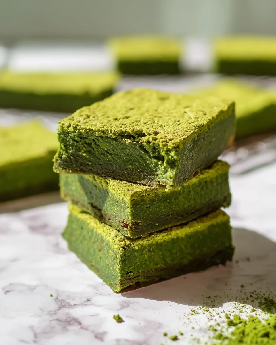 The image shows a stack of three thick square green bars with a textured top and a dense, moist inside, each bar having a slightly darker green base and a lighter green crust. The bars are placed on a white marbled surface with more green bars scattered around in the background out of focus. The top bar has a small bite taken from one corner, showing the soft inside clearly. The lighting is bright and natural, highlighting the rough surface and crumbly edges of the bars. Photo taken with an iphone --ar 4:5 --v 7