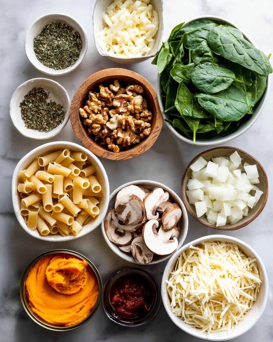 The image shows nine small bowls and a can arranged on a white marbled surface, each filled with different ingredients for cooking. Starting from the top left, a small white bowl contains dried green herbs, next to it a white bowl with chopped garlic, and a white bowl with grated cheese. Below them is a wooden bowl filled with walnut pieces, and to its right is a white bowl piled with chopped white onions. A larger white bowl holds fresh green spinach leaves, and beside it is a white bowl filled with sliced brown mushrooms. Below, a white bowl is full of tube-shaped pasta, and next to it is a small dark bowl with shredded white cheese. An open can on the bottom left holds bright orange pumpkin puree. The setup is colorful and neat. photo taken with an iphone --ar 4:5 --v 7