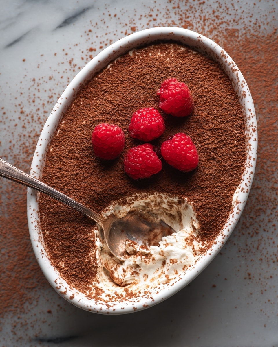 The image shows a white oval bowl filled with a creamy dessert covered in a thick layer of brown cocoa powder. Near the top edge of the bowl, there are five bright red raspberries placed on the cocoa layer. A spoon rests inside the bowl, slightly digging into the dessert, revealing a light, creamy layer mixed with some darker, chocolatey bits underneath. The dessert looks soft and smooth with a rich texture. The bowl sits on a white marbled surface. photo taken with an iphone --ar 4:5 --v 7