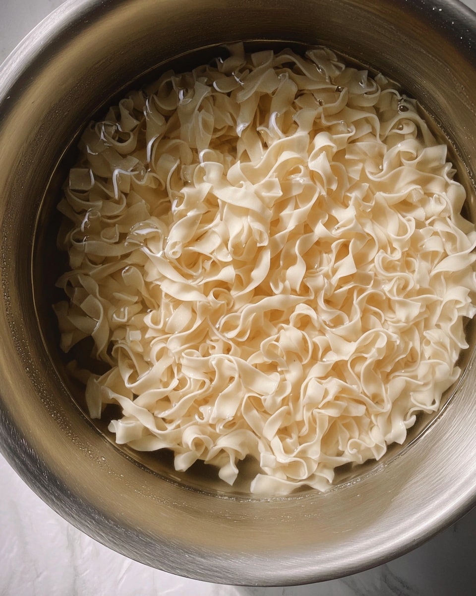 The image shows a single block of light beige curly dried noodles soaking in clear water inside a silver metal pot. The noodles have a rippled texture and float gently on the surface of the water, surrounded by the smooth, reflective metal sides of the pot. The scene takes place on a white marbled surface. photo taken with an iphone --ar 4:5 --v 7