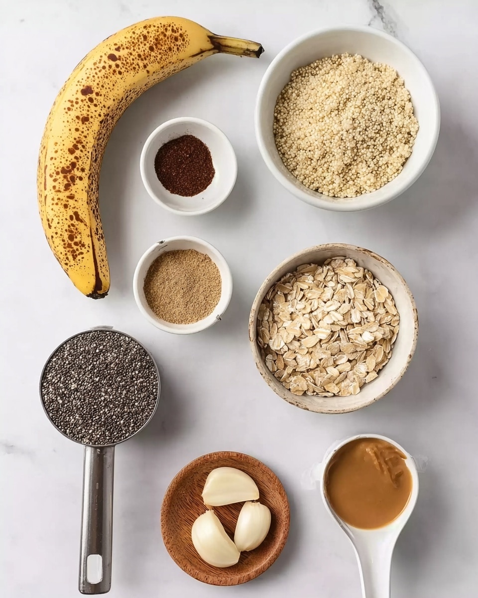 The image shows several ingredients arranged neatly on a white marbled surface. At the top left is a ripe banana with brown spots. To its right, there is a white bowl filled with cooked quinoa, light beige in color and fluffy in texture. Below the banana is a small white bowl containing a dark brown powder, possibly cinnamon. To the right of this bowl is another white bowl filled with finely ground light brown flaxseed. Below these bowls, a metal measuring cup holds rolled oats, pale beige with a rough texture. Next to it, a small wooden bowl contains black and white chia seeds. Beside that, a small wooden plate holds three peeled garlic cloves, shiny and white. At the bottom right, a white measuring spoon contains a thick, creamy light brown liquid, likely peanut butter. To the far right, a white measuring cup contains a dark liquid, probably maple syrup. The ingredients are placed with clear spacing to show each one distinctly. photo taken with an iphone --ar 4:5 --v 7