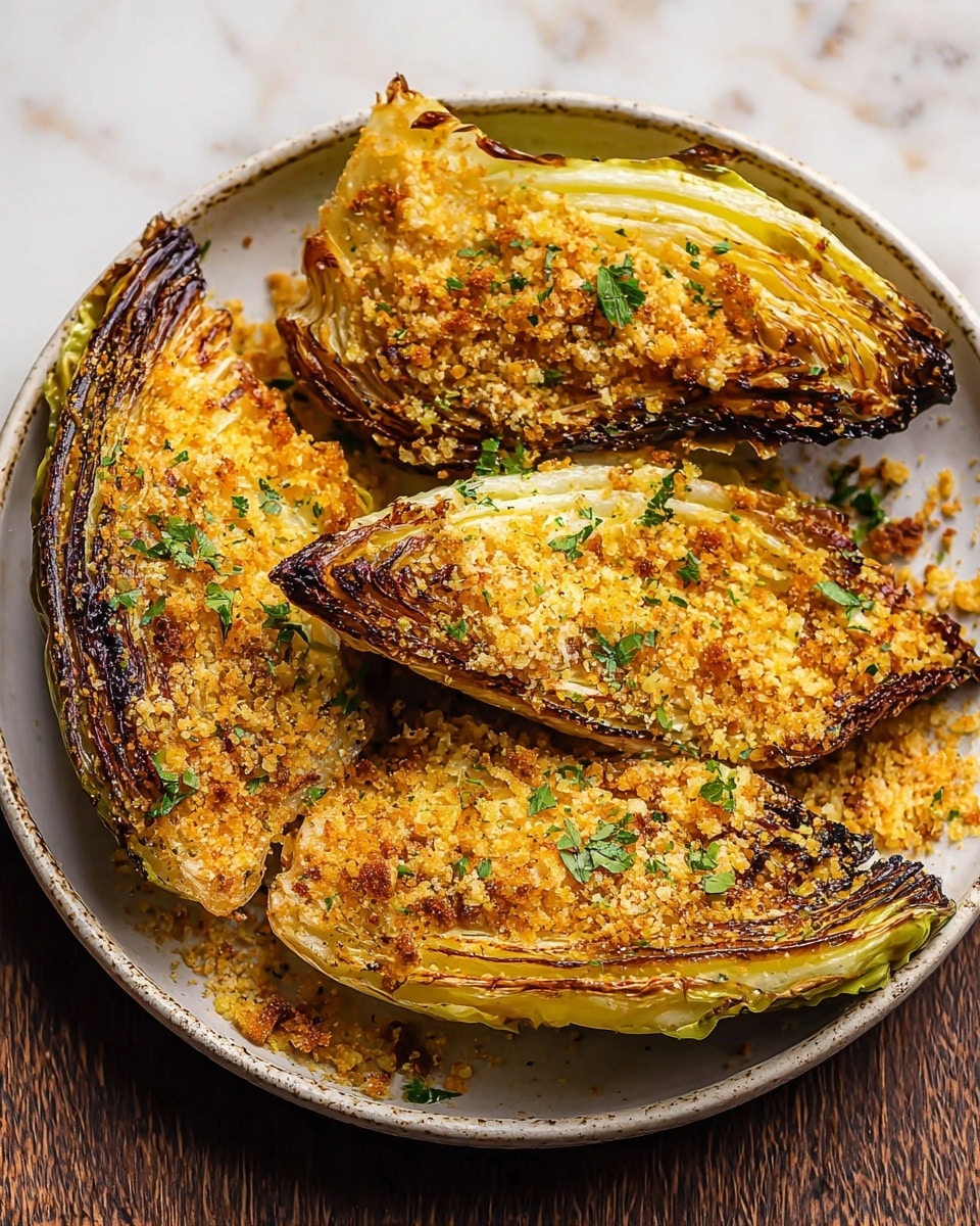 The image shows four pieces of grilled cabbage wedges with browned, crispy edges, placed in a round white plate. Each wedge is covered with golden crispy crumbs and sprinkled with small bits of green herbs, giving it a textured and appetizing look. The cabbage leaves have a slightly charred and caramelized surface with varying tones of golden brown and yellow. The plate sits on a white marbled surface, adding a clean and bright background. Photo taken with an iphone --ar 4:5 --v 7