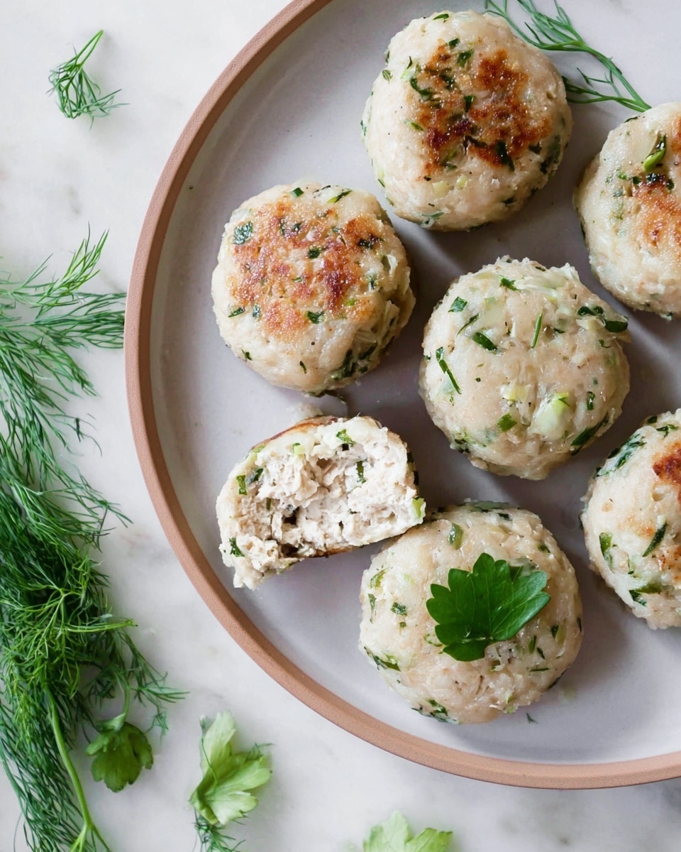 The image shows seven round, light beige fish cakes with small green herb pieces mixed inside, placed on a white plate. One cake is cut in half, showing a soft, moist inside with small bits of herbs and white fish meat evenly spread. One cake on the right side has a small green herb garnish on top. The plate sits on a white marbled surface with green parsley and fennel fronds scattered around. Photo taken with an iphone --ar 4:5 --v 7