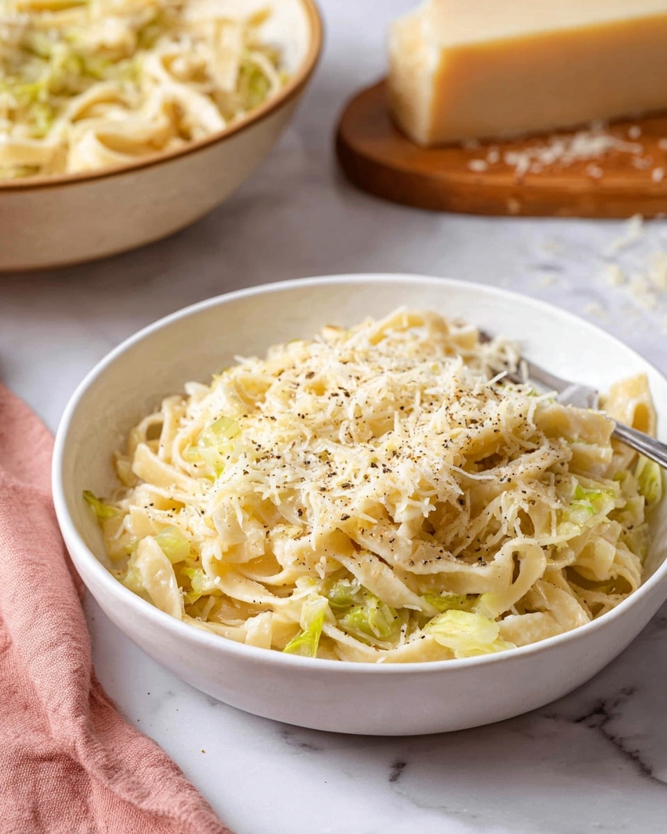 A white bowl filled with three layers of creamy pasta, the base layer showing fettuccine noodles mixed with small light green pieces of cabbage, covered by a thick layer of grated light yellow cheese with a soft texture, topped with a light sprinkle of coarse black pepper that adds small dark specks across the surface. In the background, there is a large bowl with more pasta and a large block of cheese on a wooden board on a white marbled surface, with a pink cloth placed beside the bowl. photo taken with an iphone --ar 4:5 --v 7