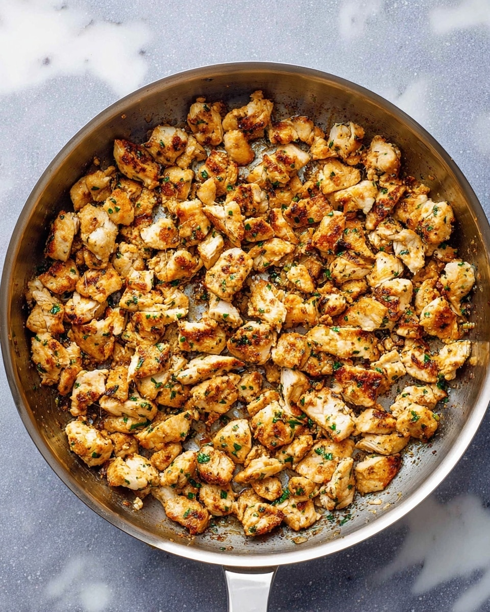 A large stainless steel pan filled with small pieces of cooked chicken that are golden brown with bits of green herbs sprinkled throughout. The chicken pieces are spread out evenly in one layer, showing a slightly crispy texture with some browned spots at the edges. The pan sits on a white marbled surface, and the overall look is warm and appetizing. photo taken with an iphone --ar 4:5 --v 7