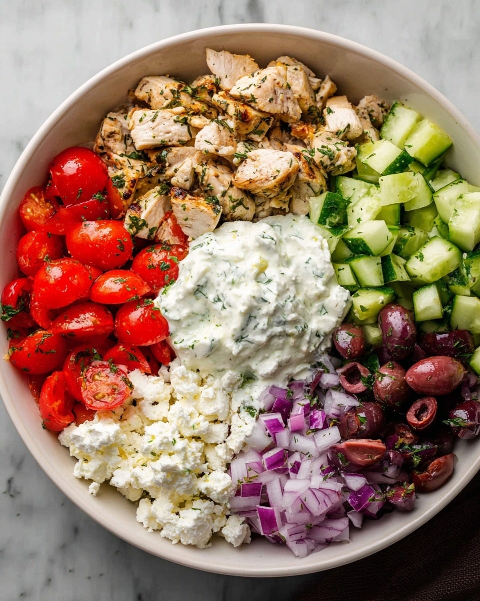 A white bowl is filled with six layers. Starting from the left, there are small pieces of cooked light brown chicken with herbs, next to bright red chopped cherry tomatoes. Below the tomatoes is a layer of white crumbly cheese. In the center sits a dollop of creamy white sauce with green herb bits. Moving right, there are light green cucumber chunks with some green herb sprigs, next a group of diced purple onions, and finally on the far right, dark purple sliced olives with herbs sprinkled on top. The bowl rests on a white marbled surface. photo taken with an iphone --ar 4:5 --v 7