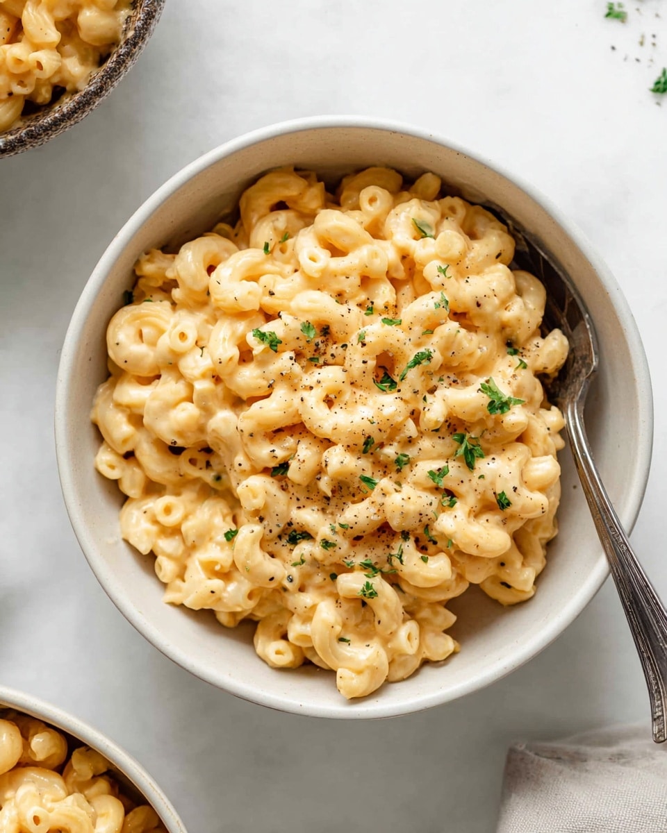 A white bowl filled with creamy macaroni and cheese, showing short elbow pasta covered in smooth, pale yellow cheese sauce. The pasta layer is topped with small bits of finely chopped green herbs and a light sprinkling of black pepper, adding tiny dark flecks on the surface. A silver fork is placed inside the bowl on the right side, partially submerged in the pasta. The bowl sits on a white marbled surface, and a small part of another bowl with similar pasta is visible at the top left corner, while a woman’s hand is partly seen at the bottom left edge. photo taken with an iphone --ar 4:5 --v 7