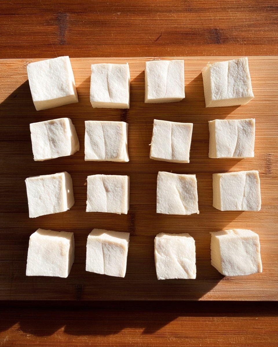Several small white tofu cubes are neatly arranged in four rows on a wooden board, showing smooth texture with slight creases on some pieces. The cubes have sharp edges and consistent size, casting soft shadows on the board. photo taken with an iphone --ar 4:5 --v 7