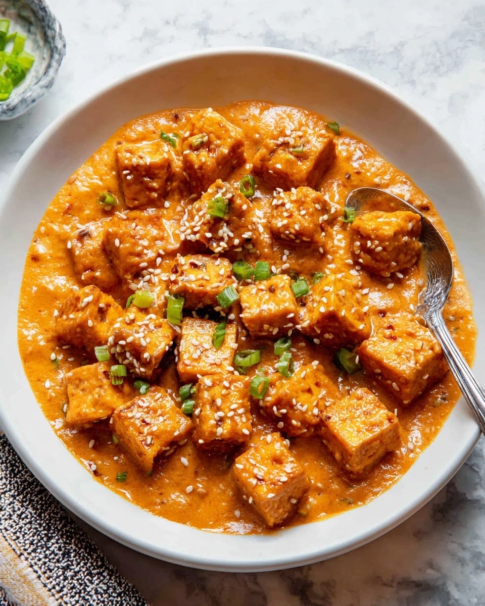 A bowl filled with two layers, the base layer is a creamy orange sauce with a smooth texture, slightly thick and covering the bottom evenly. On top, there are many small, golden-brown cubes of tofu covered in the same orange sauce, sprinkled with white sesame seeds and small pieces of green onion, adding a fresh green color. A silver spoon is on the right side inside the bowl, partially under the tofu cubes. The bowl is white and sits on a white marbled textured surface. Photo taken with an iphone --ar 4:5 --v 7