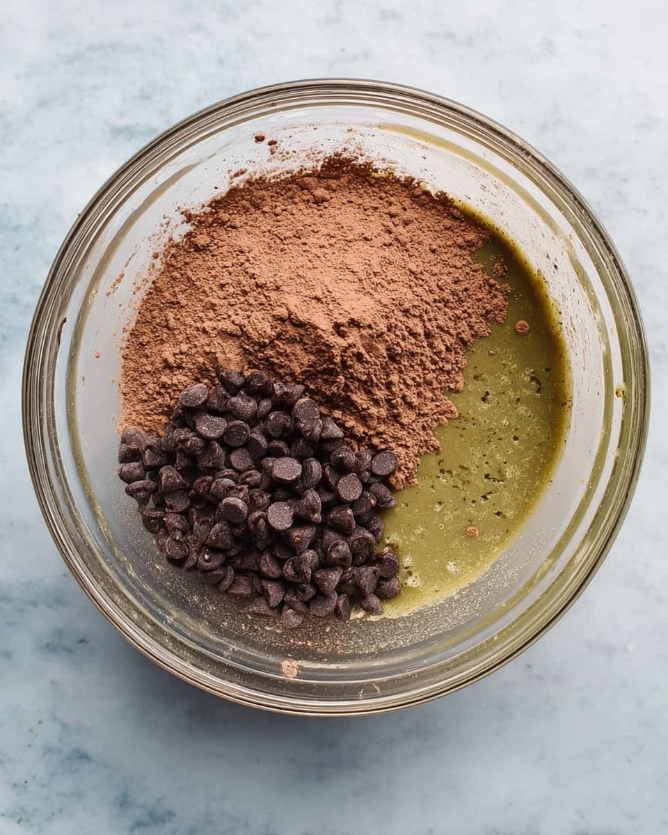 A clear glass bowl holds three main layers side by side yet not mixed: a greenish wet layer on the right side, a smooth light brown cocoa powder layer covering almost half the bowl on the left, and a small pile of dark brown chocolate chips sitting on top of the cocoa powder near the center. The bowl is viewed from above, placed on a white marbled surface. photo taken with an iphone --ar 4:5 --v 7