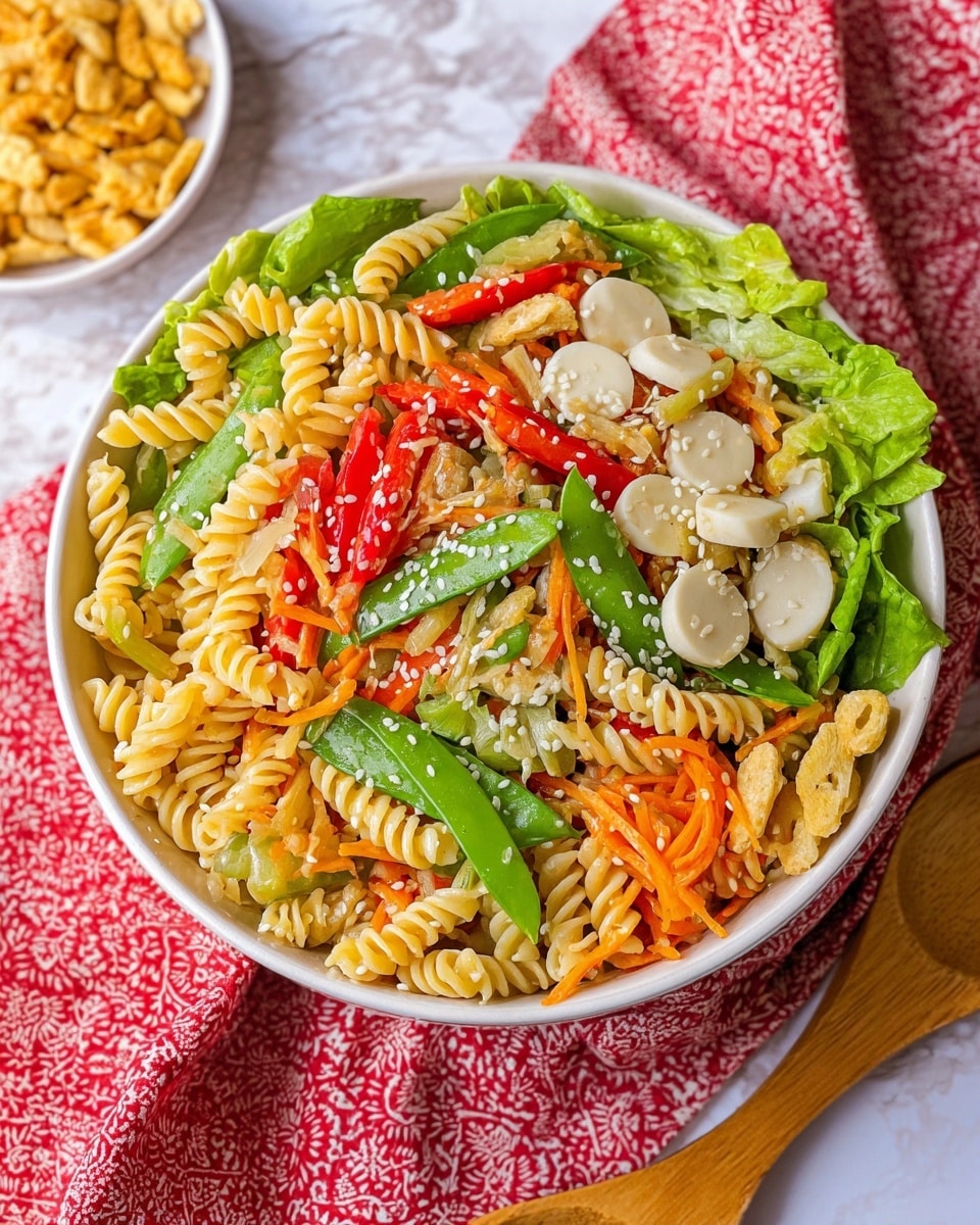 A white bowl filled with pasta salad sits on a white marbled surface. The salad has three main layers: the bottom layer with yellow spiral pasta mixed with shredded orange carrots, the middle layer with bright green snap peas and fresh green lettuce leaves, and the top layer with large white round slices, red bell pepper pieces, and sprinkled white sesame seeds. The bowl is placed on a red and white patterned cloth, and a wooden spoon is nearby. There is a white small dish with crunchy yellow snacks in the upper left corner. Photo taken with an iphone --ar 4:5 --v 7