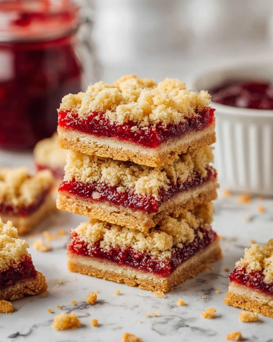 The image shows a stack of three square jam bars placed on a white marbled surface. Each bar has three layers: a bottom golden-brown crumbly layer, a middle bright red jam layer with a smooth texture, and a top crumbly layer with a similar golden-brown color and a rough, uneven texture. Crumbs are scattered around the bars. In the background, a glass jar filled with red jam and a white bowl with red jam are partially visible. The scene has a soft, natural light highlighting the details. Photo taken with an iphone --ar 4:5 --v 7