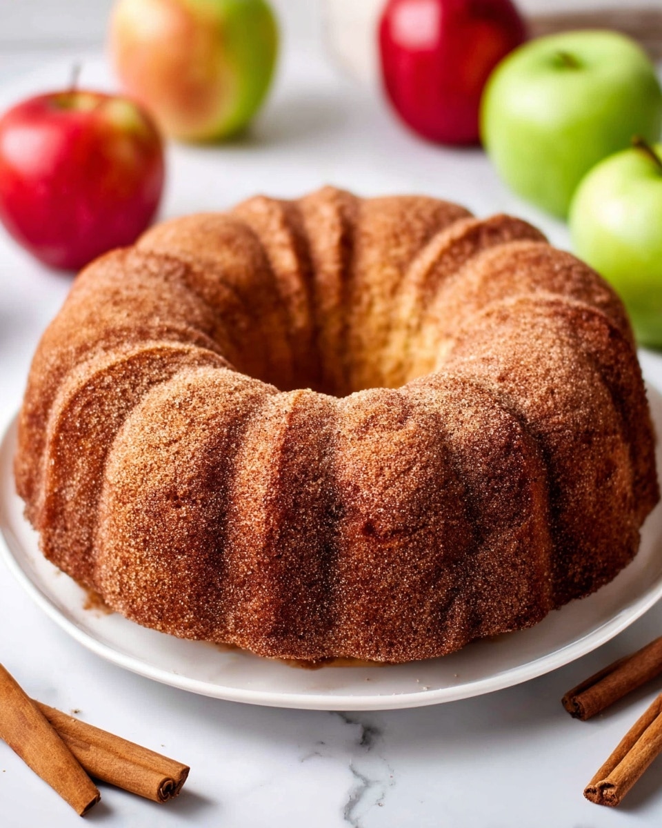 A round bundt cake with a ridged pattern sits in the center of a white plate on a white marbled surface. The cake has a warm brown color with a textured outer layer covered in cinnamon sugar, creating a slightly rough look. The hollow center adds depth, and the cake’s surface shows soft ridges that circle around it. Around the plate are whole apples in red and green, adding color to the scene along with a couple of cinnamon sticks beside the plate. Photo taken with an iphone --ar 4:5 --v 7