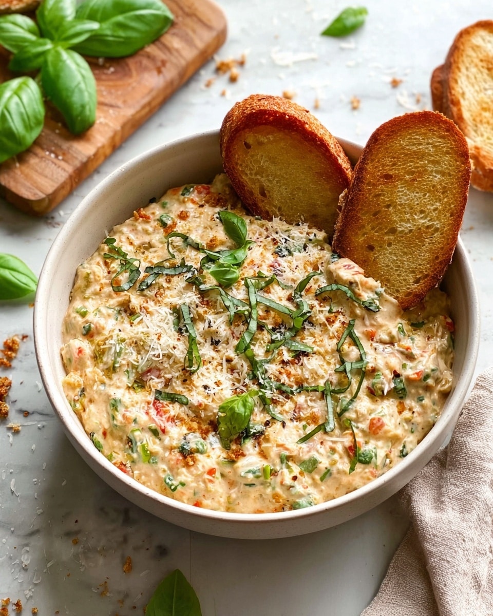 The image shows a bowl full of creamy dip with visible small chunks of veggies and herbs mixed in, topped with grated cheese and green basil leaves scattered on top. Two toasted slices of golden brown bread are placed partially inside the bowl on one side, resting on top of the dip. The bowl is white and sits on a white marbled surface with some scattered crumbs around and a piece of towel next to it, while fresh basil leaves are seen on a wooden board in the background. Photo taken with an iphone --ar 4:5 --v 7