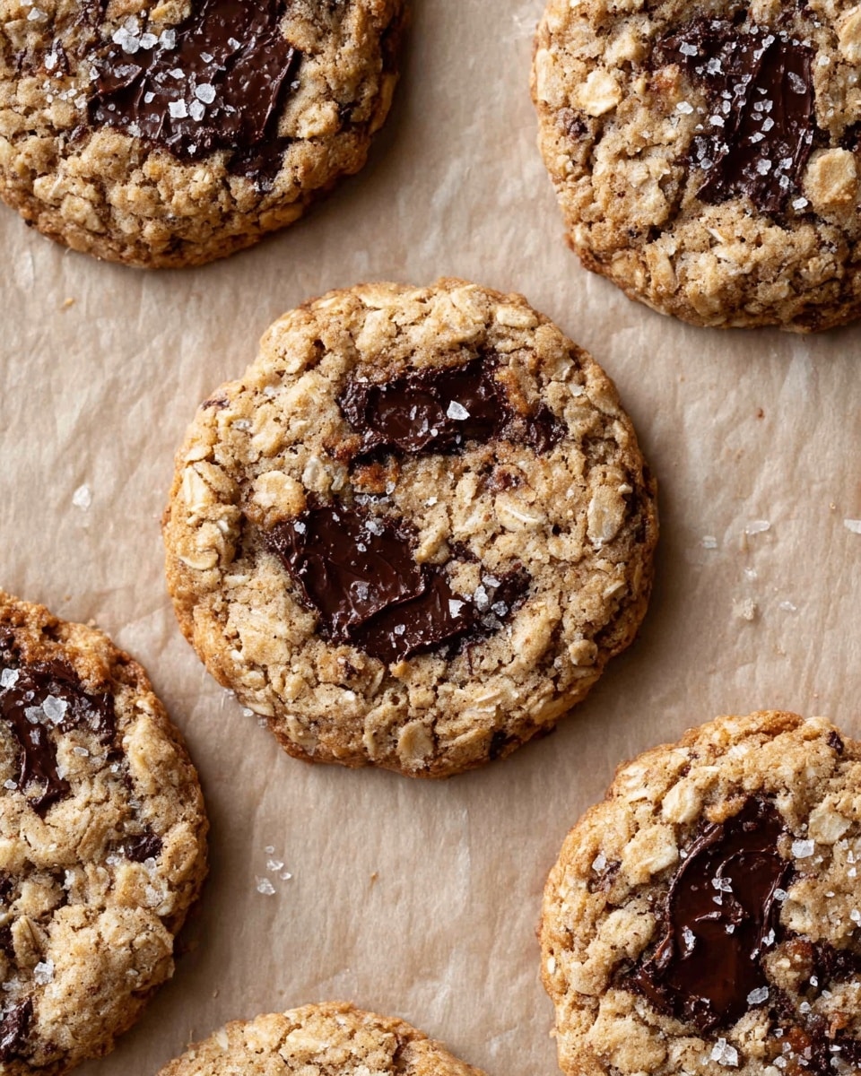 The image shows several round oatmeal chocolate chip cookies placed on light brown parchment paper. Each cookie has a rough, textured surface with visible oats scattered throughout, giving a rough grainy look. Dark, melted chocolate pieces are spread unevenly on the top, creating dark patches against the lighter, golden-brown cookie base. The cookies are slightly cracked and have small granules of sugar or salt sprinkled on top, adding a sparkling effect. The cookies are set against a white marbled background that is partially visible around the edges. photo taken with an iphone --ar 4:5 --v 7