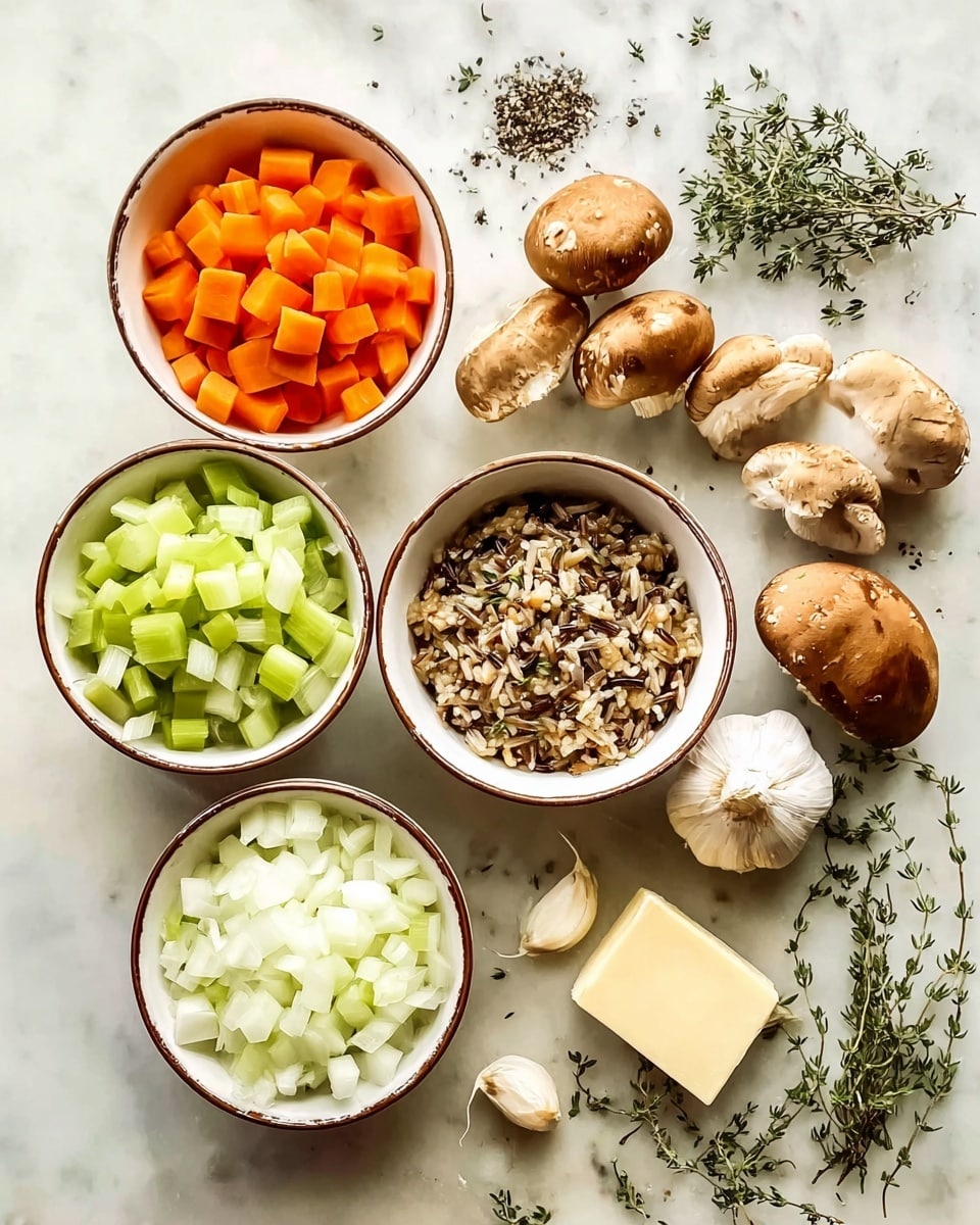 The image shows an overhead view of several bowls and ingredients arranged neatly on a white marbled surface. There are three white bowls with brown rims containing diced orange carrots at the top left, diced light green celery at the bottom left, and finely diced white onions at the bottom right. To the center right, there is a white bowl filled with a mixed wild and brown rice blend. Surrounding the bowls are fresh mushrooms of various types including large, small, and oyster mushrooms, along with sprigs of thyme scattered around. A peeled garlic bulb, a small clove of garlic, and a small block of butter lie near the center. The colors vary from the orange carrots, green celery, white onions, and mushrooms to the multi-colored rice and green herbs, all on a clean white marbled surface. photo taken with an iphone --ar 4:5 --v 7