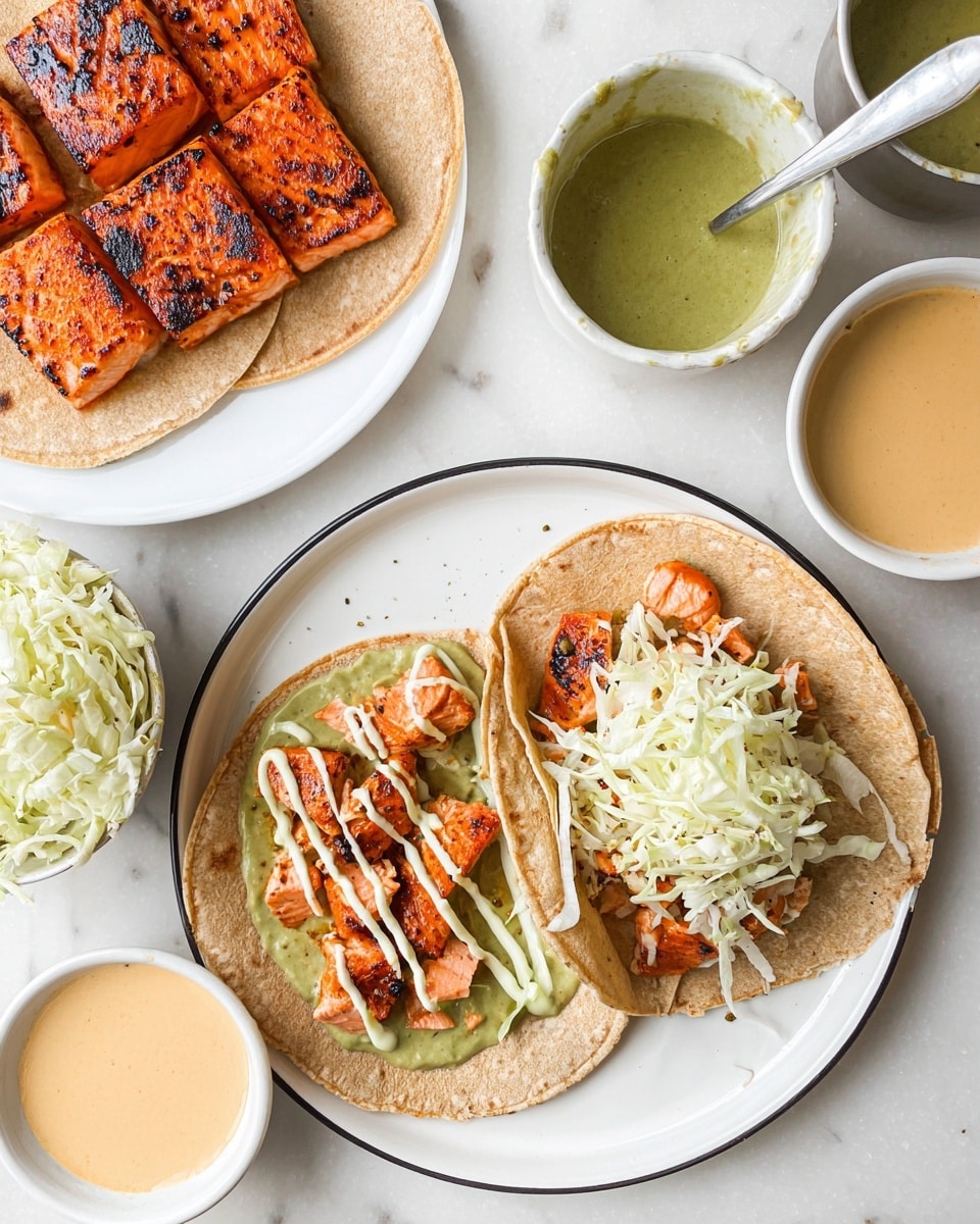 The image shows two open wraps on a white plate with a black rim placed on a white marbled surface. Each wrap is made of light brown flatbread. The left wrap has layers of green sauce, pieces of orange grilled salmon with char marks, and a light creamy sauce drizzled on top. The right wrap includes a base layer of green sauce, chunks of grilled salmon, the same creamy sauce, and a large pile of shredded white cabbage covering most of the wrap. Above the plate, there is a white plate holding three rectangular grilled salmon pieces with orange color and char marks. Around the main plate, there is a white bowl of shredded cabbage, a white bowl of light orange creamy sauce with a spoon, and a silver cup filled with green sauce. The photo taken with an iphone --ar 4:5 --v 7