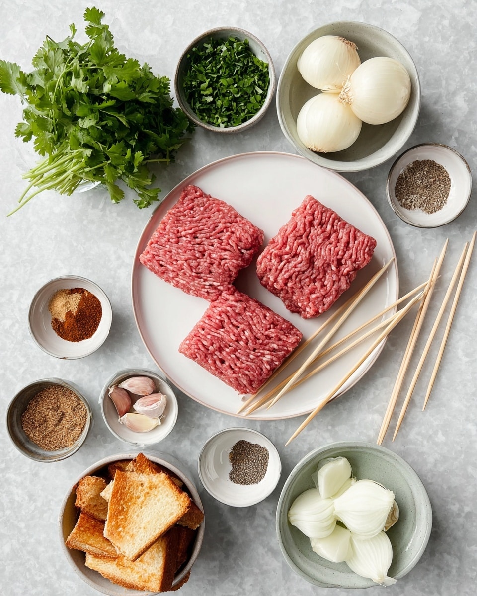 The image shows several small white bowls and a white plate arranged on a white marbled surface. On the plate, there are two blocks of raw ground meat, one red and one lighter pink, with four wooden skewers placed beside them. Surrounding the plate, there is a bowl of whole cilantro leaves, a bowl with two peeled white onions, a small bowl with three cloves of garlic, a bowl with mixed spices in red, brown, and black shades, a bowl of salt and ground black pepper, a bowl of chopped green herbs, and a bowl containing golden-brown toasted bread pieces. Photo taken with an iphone --ar 4:5 --v 7