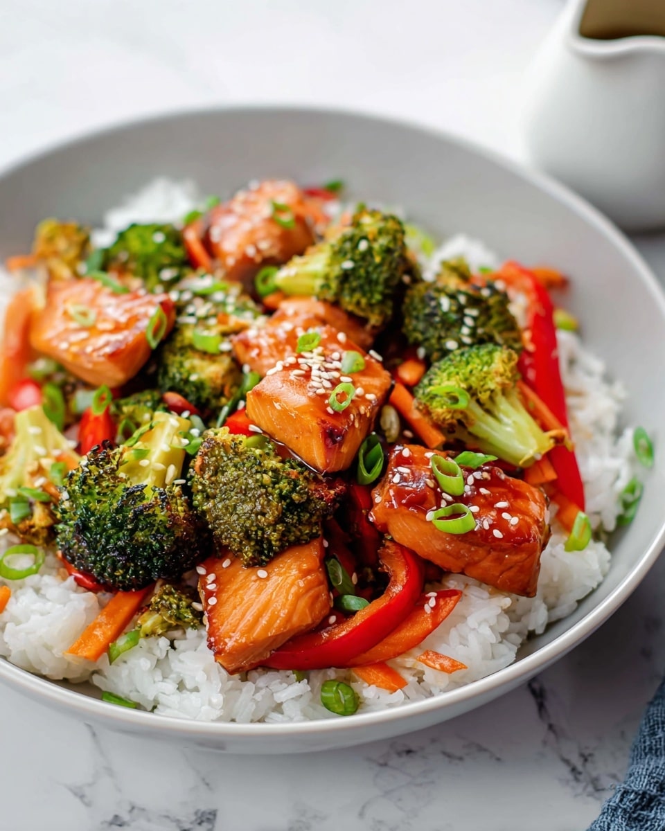 The dish is served in a white bowl filled with a base layer of white rice. On top, there are several pieces of shiny, caramel-colored cooked salmon chunks with a slightly glazed texture. Mixed in are bright green broccoli florets, thin orange carrot sticks, and thin red bell pepper strips, all spread evenly. Small white sesame seeds and chopped green onions are sprinkled over the salmon and vegetables, adding texture and color. The background is a white marbled texture, and part of a white sauce jug is visible near the bowl. photo taken with an iphone --ar 4:5 --v 7
