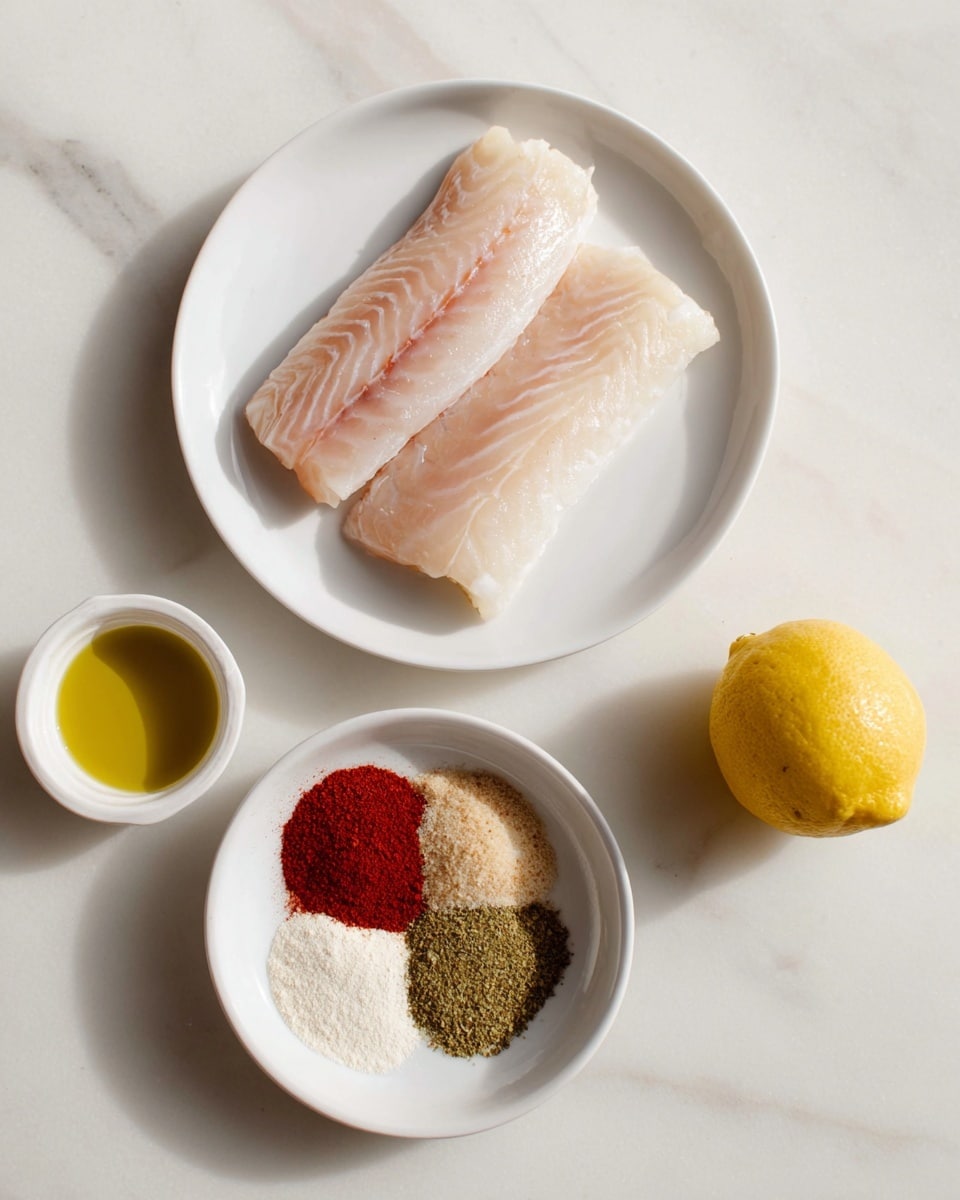 Two pieces of raw fish fillets with light pink and pale cream colors sit on a white plate, positioned side by side with a slight gap between them. Below the plate, a small white bowl holds five distinct piles of powdered spices arranged like flower petals: bright red, beige, brownish green, light tan, and white. To the right of the plate, a half lemon with a pale yellow inside faces up, and below it, a small white cup filled with golden yellow oil rests on a white marbled surface. The scene is lit softly, highlighting the smooth textures of the fish and the fine grains of the spices. photo taken with an iphone --ar 4:5 --v 7