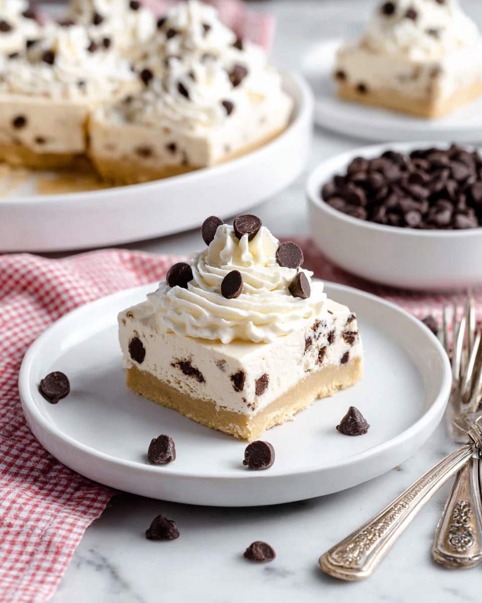 The image shows a white plate with a small square dessert piece on it. The dessert has two visible layers: a bottom layer of light golden brown crust and a thick top layer of creamy white filling mixed with small dark chocolate chips. On top, there is a swirl of white whipped cream decorated with several dark chocolate chips. Around the plate, a few chocolate chips are scattered. In the background, there is a white marbled surface with a larger round plate holding the rest of the dessert, and a white bowl filled with dark chocolate chips. Two vintage-style silver forks lie next to the plate. A pink and white checkered cloth is partly visible on the side. photo taken with an iphone --ar 4:5 --v 7