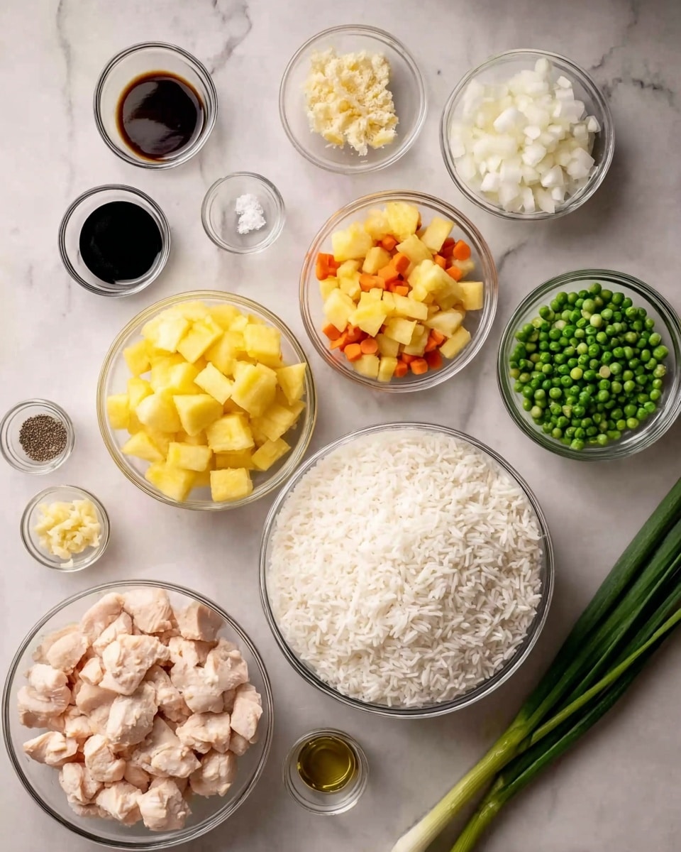 The image shows several small white bowls arranged on a white marbled surface. In the center bottom is a large bowl filled with white cooked rice. Below it, there is a medium-sized bowl with bright yellow pineapple chunks. To its left, a medium bowl contains pieces of light pink diced chicken. Above the rice bowl, a small bowl holds chopped white onions. To the right of the onions, a small bowl contains a mix of green peas and orange carrot cubes. On the left side near the top, a small bowl holds minced garlic and ginger. Scattered around the bowls are small clear glass containers holding dark soy sauce, light-colored vinegar or oil, black pepper and salt. A few green onion stalks lie across the surface on the right side. photo taken with an iphone --ar 4:5 --v 7
