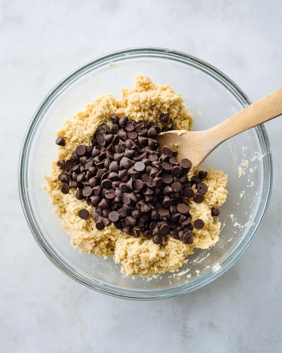 A top view of a clear glass bowl containing light beige cookie dough mixed with a large pile of dark brown chocolate chips sitting at the center. The dough has a crumbly texture around the edges and is being stirred by a light wooden spoon resting on the right side of the bowl. The bowl is placed on a white marbled surface, creating a clean and bright setting. photo taken with an iphone --ar 4:5 --v 7