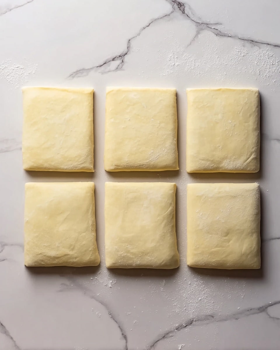 The image shows six rectangular pieces of pale yellow dough arranged in two rows of three on a white marbled surface. The dough pieces have smooth, flat textures and are evenly spaced with clean edges. The background is a white marbled surface that contrasts with the soft yellow color of the dough. photo taken with an iphone --ar 4:5 --v 7