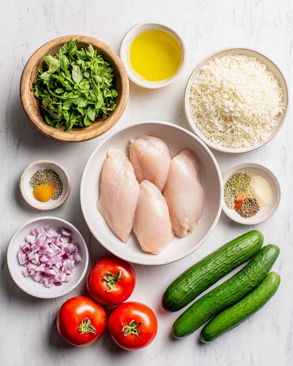 The image shows several white bowls and a small wooden bowl arranged on a white marbled surface. In the center, there is a white bowl filled with three raw, pale pink chicken fillets, smooth and shiny. To the top right, a white bowl is filled with cooked white rice with a soft, fluffy texture. At the bottom right are three fresh, shiny green cucumbers lined up. Below the center bowl are two bright red tomatoes, smooth and oval-shaped. To the bottom left, a white bowl holds finely chopped red onions, revealing purples and whites. Nearby is a small white bowl with light golden olive oil, and another white bowl with varied spices showing colors of brown, yellow, pale tan, and white. At the top left, a small wooden bowl contains a bunch of fresh green herbs with different leaf shapes and textures. Above the chicken, a small white bowl with light yellow liquid and a yellow lemon complete the scene. photo taken with an iphone --ar 4:5 --v 7