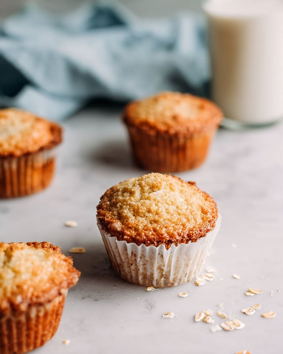 Four golden brown muffins with a slightly rough texture are placed on a white marbled surface. One muffin in the front has its white paper liner partially peeled back, revealing its soft inside. Scattered around are a few small crumbs and oats. In the background, there is a clear glass filled with milk, adding a soft white color to the scene. A pale blue cloth is draped softly near the left edge, giving a calm touch to the image. Photo taken with an iphone --ar 4:5 --v 7