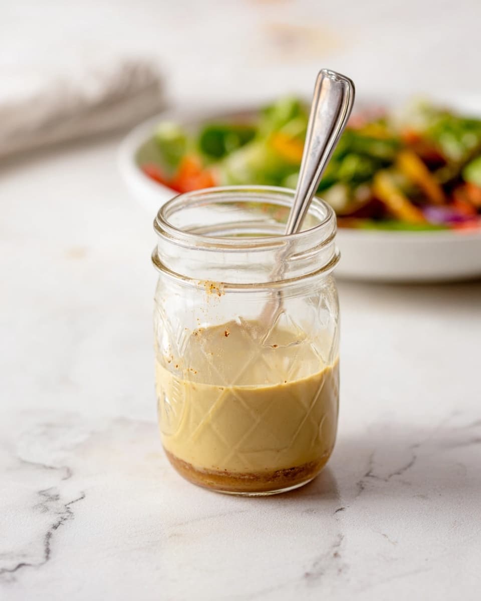 A clear glass jar with subtle etched patterns is shown mostly empty, holding about one layer of light brown creamy sauce at the bottom with small specks of seasoning visible. A metal spoon stands inside the jar, resting against the rim, which shows some sauce residue. In the blurry background, a white plate with a vibrant, colorful salad sits on a white marbled surface. photo taken with an iphone --ar 4:5 --v 7