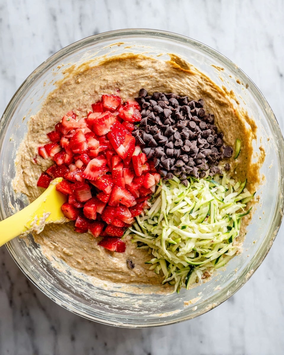 A clear glass bowl sits on a white marbled surface, filled with a thick beige batter that fills most of the bowl. On top of the batter, there are three distinct piles: bright red chopped strawberries on the upper right, small dark brown chocolate chips next to the strawberries, and grated pale green zucchini with dark green skin shreds on the lower right. A yellow spatula is resting inside the bowl, partially submerged in the batter and touching the grated zucchini. photo taken with an iphone --ar 4:5 --v 7