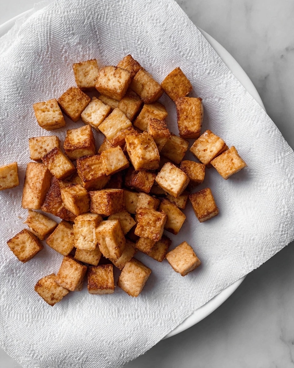 Small golden brown crispy tofu cubes are spread out on a white paper towel that lines a white plate. The tofu pieces have a slightly rough texture, showing even cooking with hints of darker brown edges. The paper towel under the tofu looks soft and absorbent, placed on a white marbled surface photo taken with an iphone --ar 4:5 --v 7