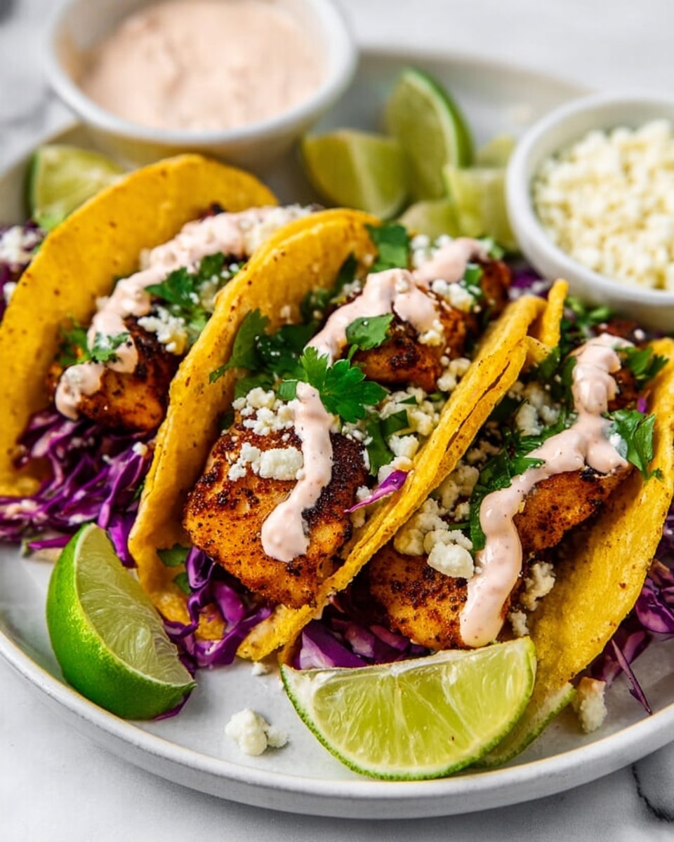 Three yellow corn tortillas each hold two dark browned seasoned fish pieces, placed over a layer of shredded purple cabbage. Light pink creamy sauce is drizzled on top, with fresh green cilantro leaves sprinkled over. The tacos sit on a white plate with lime wedges and a small white bowl of crumbly pale cheese as garnish in the background. The surface beneath is white marbled texture. Photo taken with an iphone --ar 4:5 --v 7