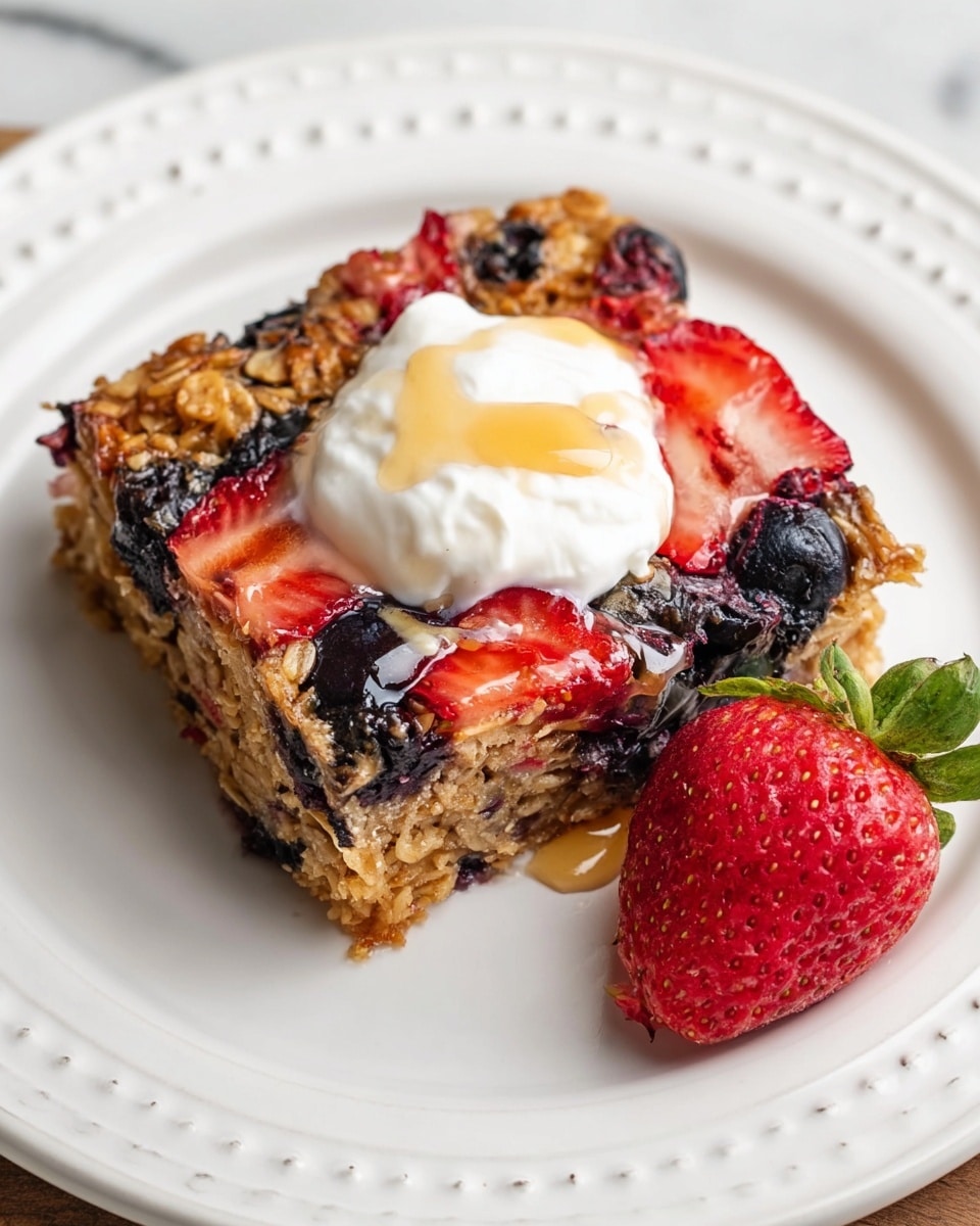 A square piece of baked oatmeal bar sits on a white plate with a subtle raised dot pattern around the edge, placed on a white marbled surface. The baked bar has two visible layers: a bottom soft golden-brown oat base with embedded dark blueberries and fresh strawberries showing bright red color and juicy texture on top. A dollop of white whipped cream sits in the center of the bar with a drizzle of golden syrup over it. Next to the bar, a whole bright red strawberry with green leaves adds a pop of color. The overall look is rustic and fresh. photo taken with an iphone --ar 4:5 --v 7
