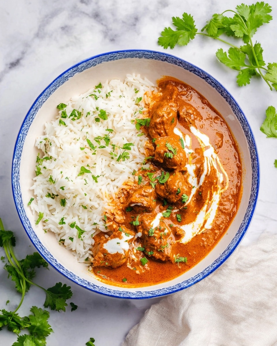 A white bowl with a blue rim holds two main layers: on the right, fluffy white rice sprinkled with small green herb pieces; on the left, rich orange-brown curry sauce with tender meat chunks, swirled with light cream and topped with fresh green cilantro leaves. The bowl is placed on a white marbled surface with some loose green cilantro scattered around and a soft white cloth partially visible at the bottom right. Photo taken with an iphone --ar 4:5 --v 7