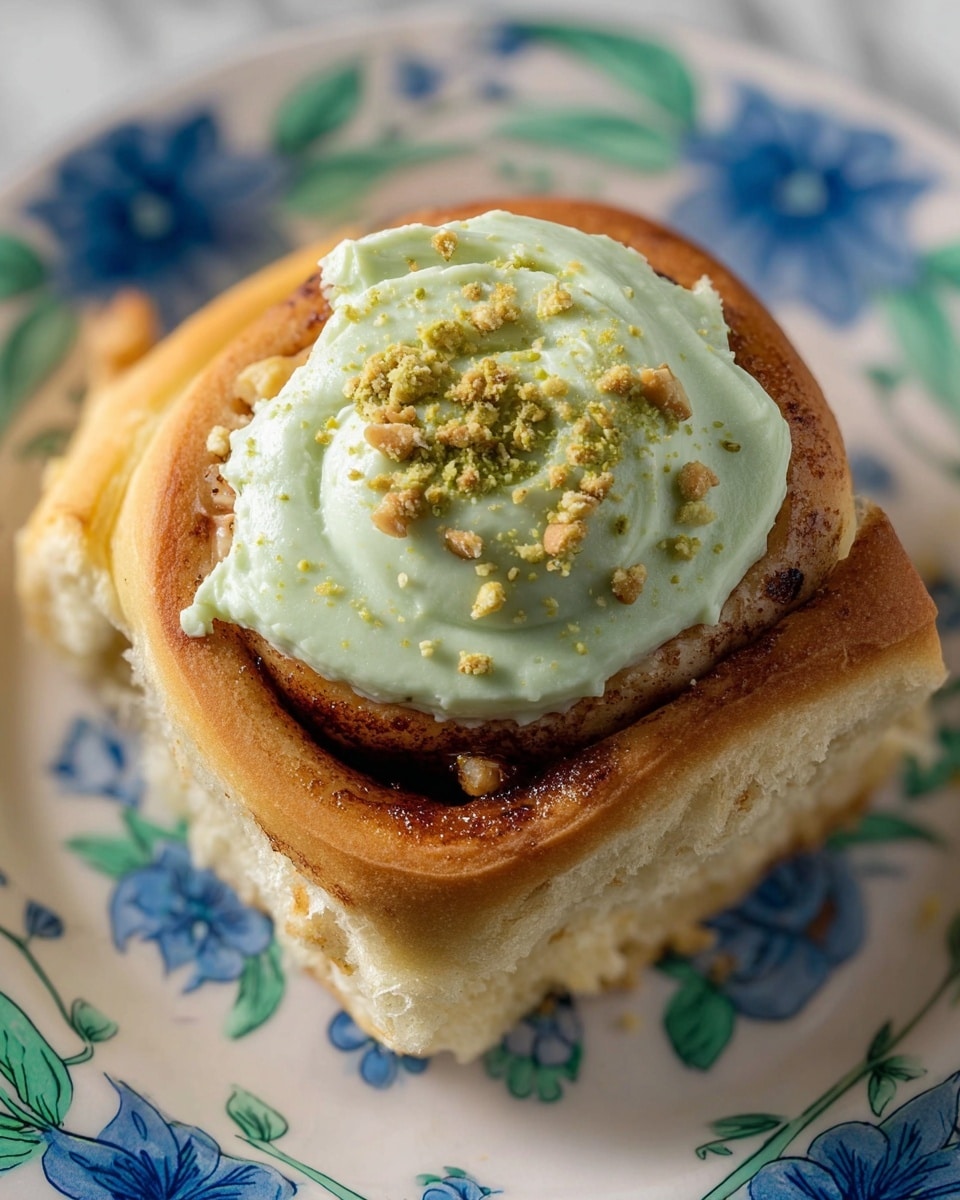 A close-up of a square cinnamon roll with a golden brown crust, showing a thick swirled layer of cinnamon and nut filling inside. On top, there is a smooth, light green frosting layer, spread in a circular shape, sprinkled with small pieces of crushed nuts. The roll sits on a white plate decorated with blue and green floral patterns. The background surface is a white marbled texture. photo taken with an iphone --ar 4:5 --v 7