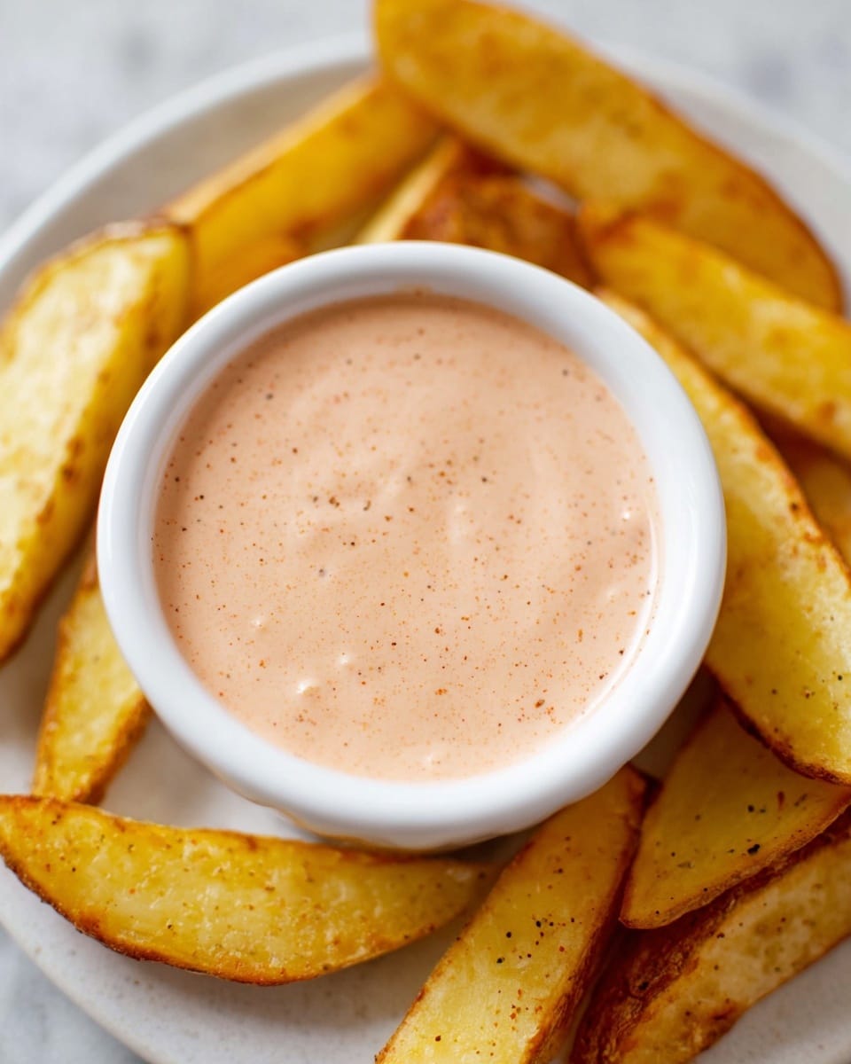 The image shows a white round bowl filled with a creamy dipping sauce that is light pinkish-orange in color with small dark specks evenly spread throughout. Around the bowl, there are several thick potato wedges with a golden-yellow color and light seasoning visible on their surfaces. The bowl and potato wedges sit on a white marbled surface, creating a clean and simple backdrop. The sauce appears smooth and slightly shiny, and the wedges have a soft texture with crispier edges. photo taken with an iphone --ar 4:5 --v 7