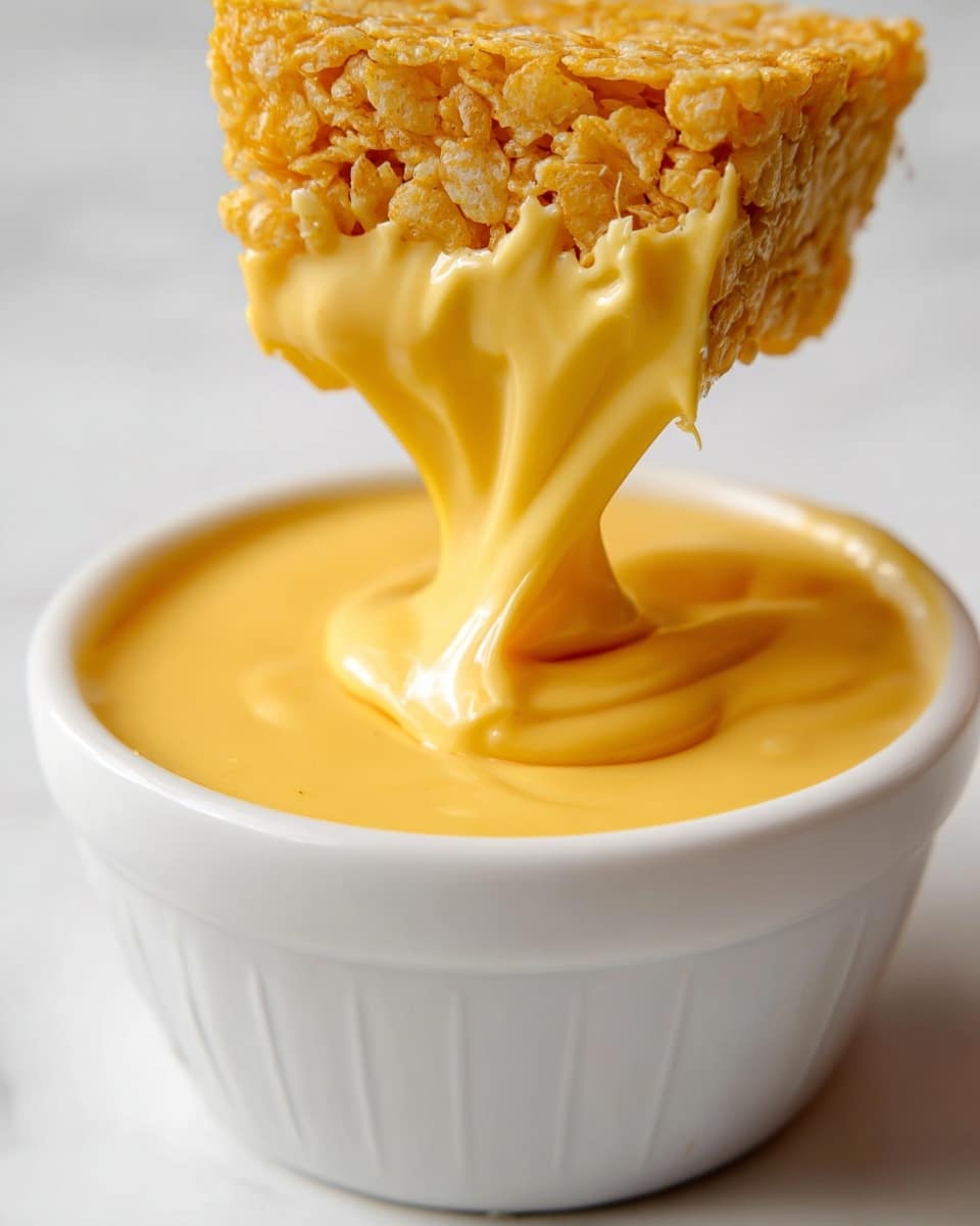A close-up image shows a golden yellow rice crispy treat being dipped into a bowl of smooth, creamy cheese sauce. The treat has a textured top layer made of crispy rice cereal, and the bottom half is covered with thick, shiny melted cheese that drips down as it is lifted. The bowl is white with a simple pattern on its side, set on a white marbled surface that softly reflects the warm colors of the cheese. The photo focuses on the gooey cheese drag, highlighting the contrast between the crunchy treat and the flowing sauce. photo taken with an iphone --ar 4:5 --v 7