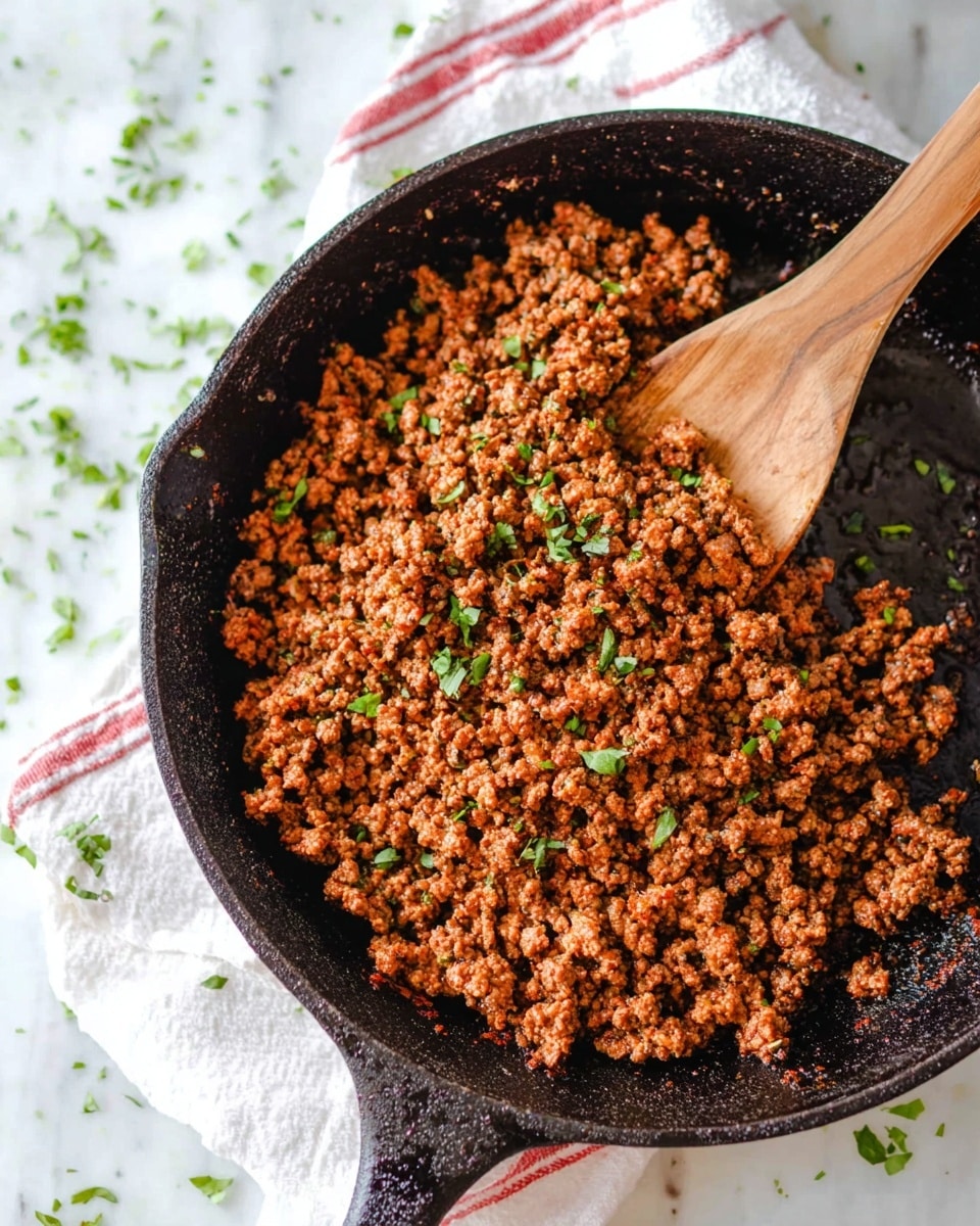 A close-up of a black cast iron pan filled with cooked ground meat, browned with a slightly reddish color and small green herb bits sprinkled on top. A wooden spoon is resting inside the pan, partially stirring the meat. The pan sits on a white cloth with red stripes, placed on a white marbled surface scattered with small green herb leaves. photo taken with an iphone --ar 4:5 --v 7
