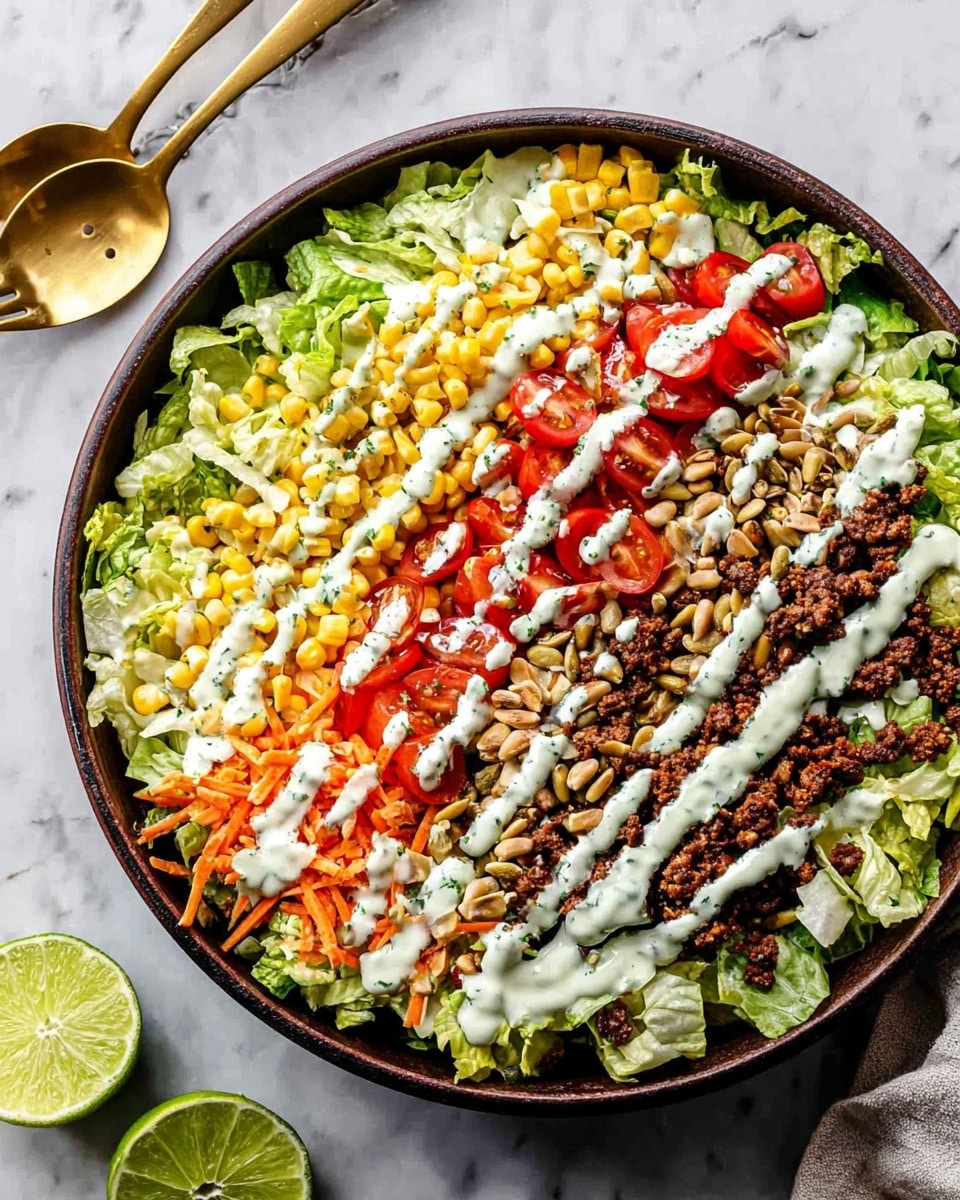 A large round dark bowl filled with a colorful layered salad on a white marbled background. The bottom layer is a bed of chopped green lettuce covering the entire bowl. On top, there are neat rows of different toppings: bright yellow corn kernels, red cherry tomato halves, light brown sunflower seeds, dark brown beans, finely chopped orange chips, and cooked minced brown meat. Creamy white dressing is drizzled in even lines across the salad. To the top left, there is a woman's hand holding golden salad servers resting on the surface. Two lime halves lie on the bottom left. Photo taken with an iphone --ar 4:5 --v 7