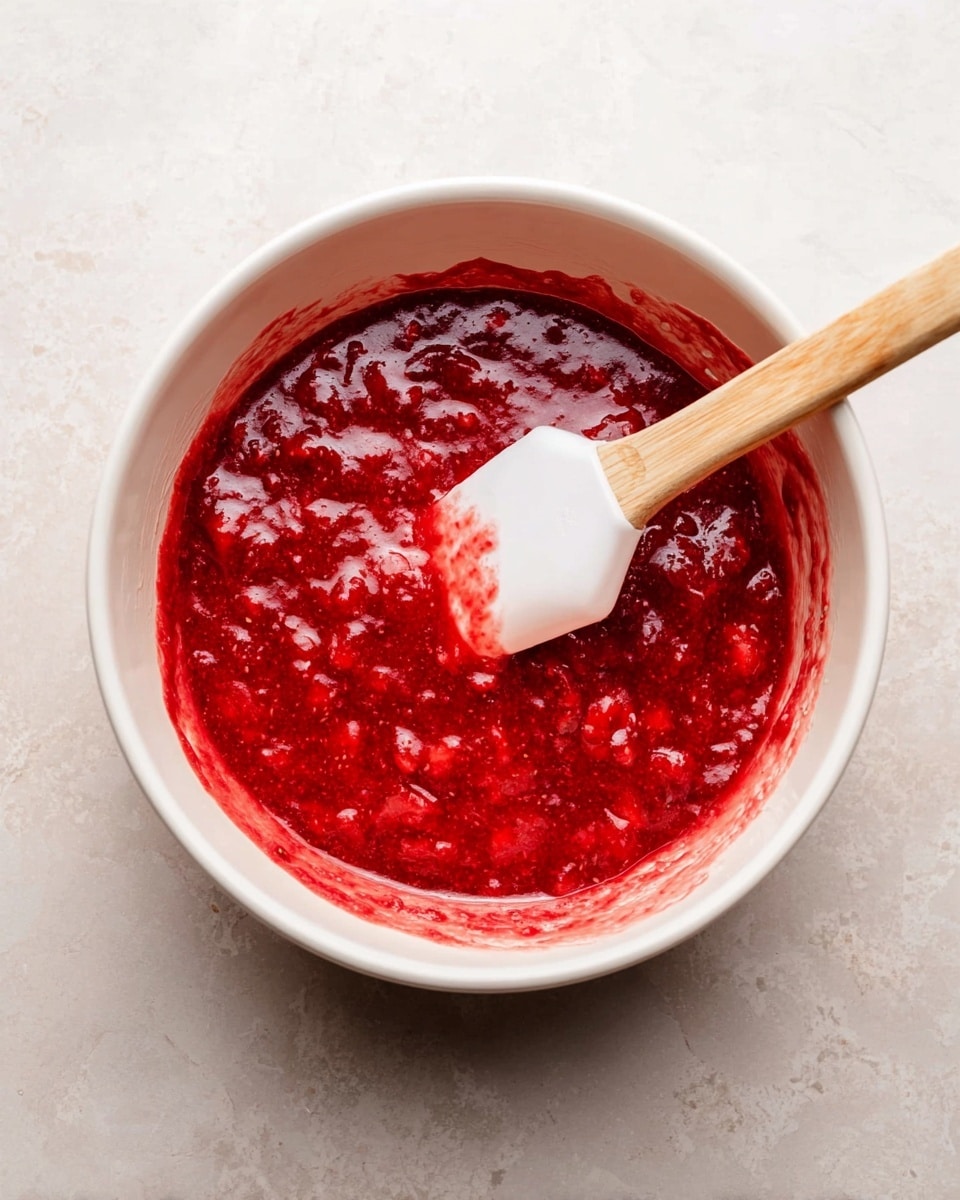 A round white bowl sits on a white marbled surface, filled with a thick, bright red strawberry sauce that has small chunks of fruit visible throughout. Inside the bowl is a wooden spatula with a white silicone head, slightly stained with the red sauce, resting on the right side, partially immersed in the sauce. The sauce layer looks glossy and textured, covering the entire bottom of the bowl. photo taken with an iphone --ar 4:5 --v 7