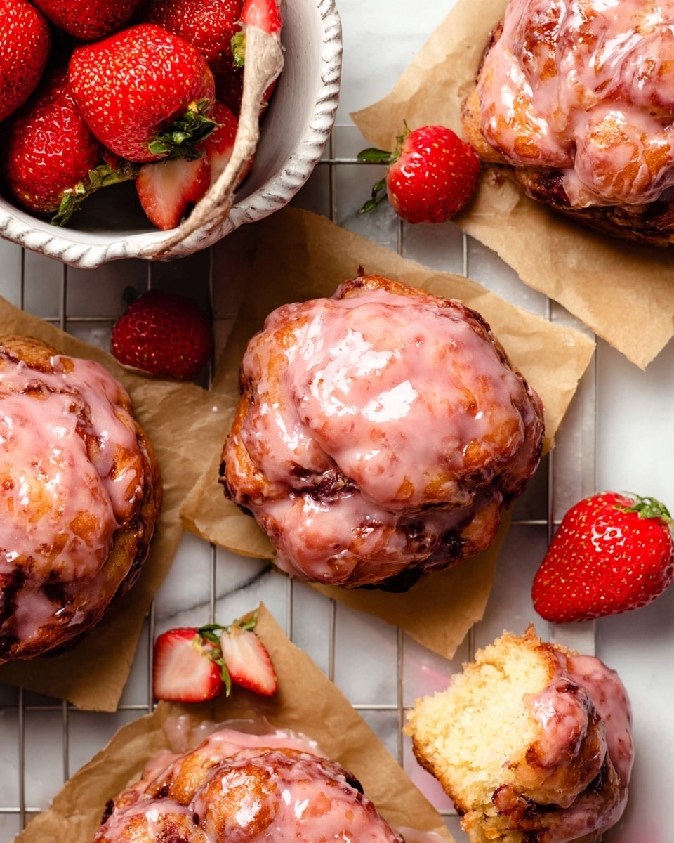 The image shows several round, moist-looking pastries with a dark golden-brown base covered in a shiny pink glaze that has a slightly uneven texture and drips in some spots. The pastries have a rough, uneven surface with layers of twisted dough visible underneath the glaze. They are placed on square pieces of brown parchment paper on top of a white marbled surface that mimics a cooling rack. To the side, a white bowl with a decorative edge is filled with fresh bright red strawberries, and a few whole and halved strawberries are scattered nearby, adding a vibrant red contrast. One pastry has a piece torn off showing a soft, light yellow inside with bits of strawberry mixed in. Photo taken with an iphone --ar 4:5 --v 7