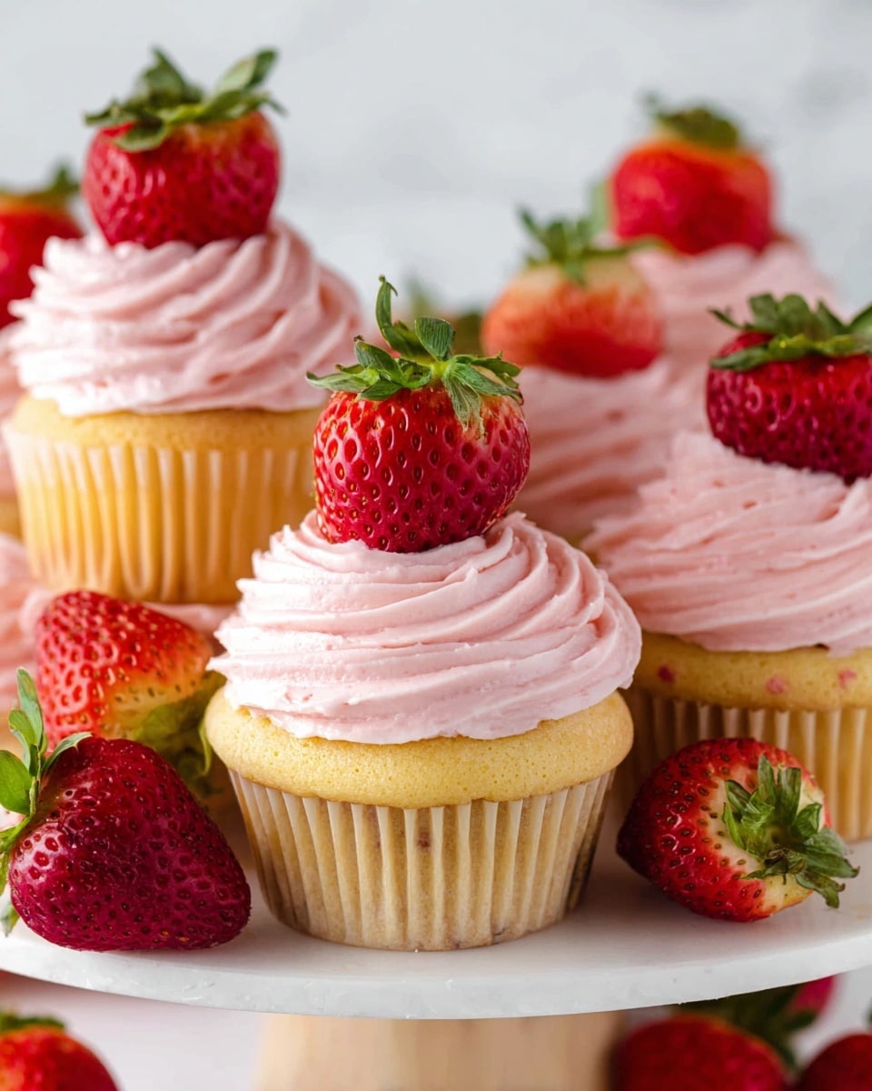 The image shows several light yellow cupcakes each with one thick swirl of light pink frosting on top. Resting on each frosting swirl is a large half strawberry with its green top still on. The cupcakes are placed on a white cake stand with a white marbled surface below. Around the cake stand are whole and half strawberries, adding bright red and green colors. The texture of the frosting looks smooth and creamy with a few tiny specks from the strawberry. The background is bright and simple, highlighting the colors of the cupcakes and fruit. photo taken with an iphone --ar 4:5 --v 7