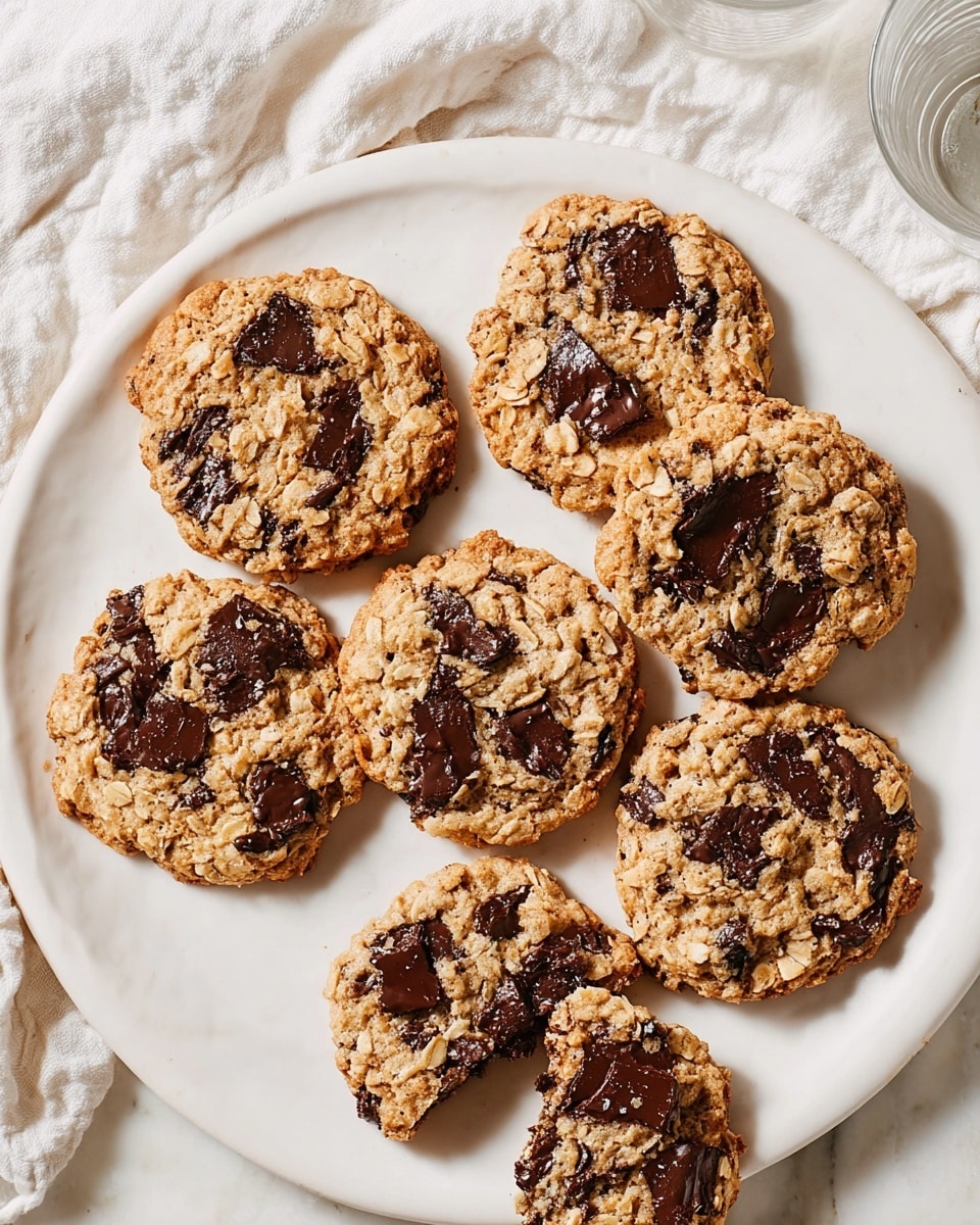 Seven round oatmeal cookies with large melted dark chocolate chunks are spread on a white round plate and a white marbled surface. The cookies have a golden brown color with a rough, slightly uneven texture from the oats and melted chocolate. One cookie on the plate is broken in half, showing the soft inside filled with chocolate pieces. The plate sits on a crumpled white cloth, and two empty clear glasses are visible near the top right corner. photo taken with an iphone --ar 4:5 --v 7