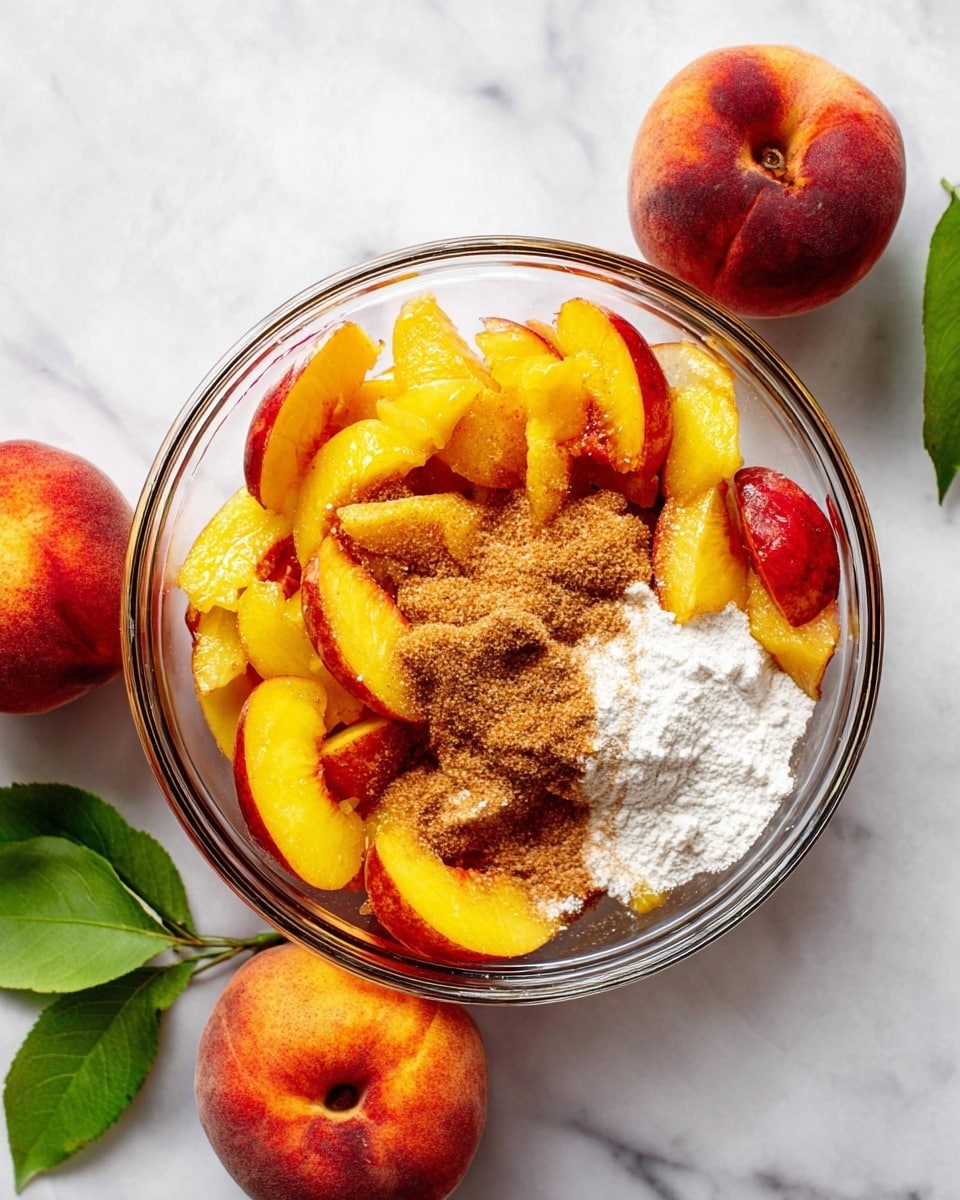 A clear glass bowl filled with sliced yellow and red peaches forming the base layer, topped with a light brown powder sprinkled unevenly in one area, and a pile of white powder placed on one side of the fruit. The bowl is placed on a white marbled surface, with two whole peaches nearby showing red and yellow hues with green leaves. photo taken with an iphone --ar 4:5 --v 7